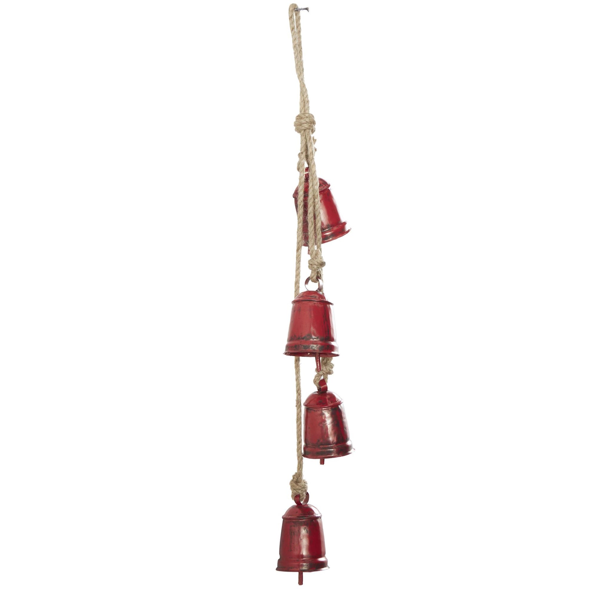 Metal Handmade Tibetan Inspired Indoor Outdoor Decorative Cow Bells with 4 Bells on Jute Hanging Rope