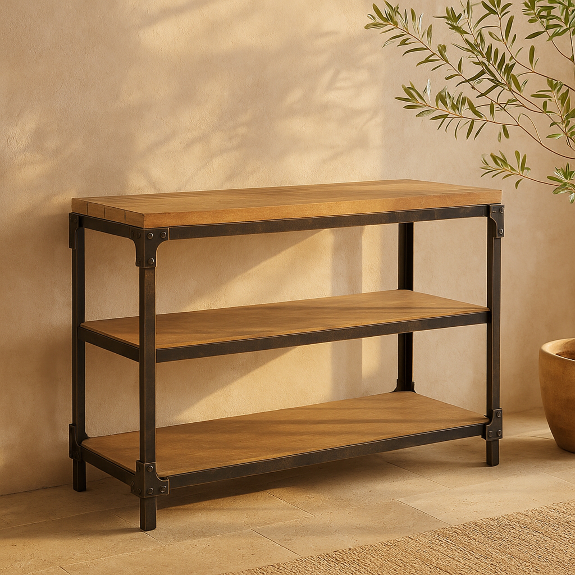 Brown Wood 2 Shelf Living Room Console Table
