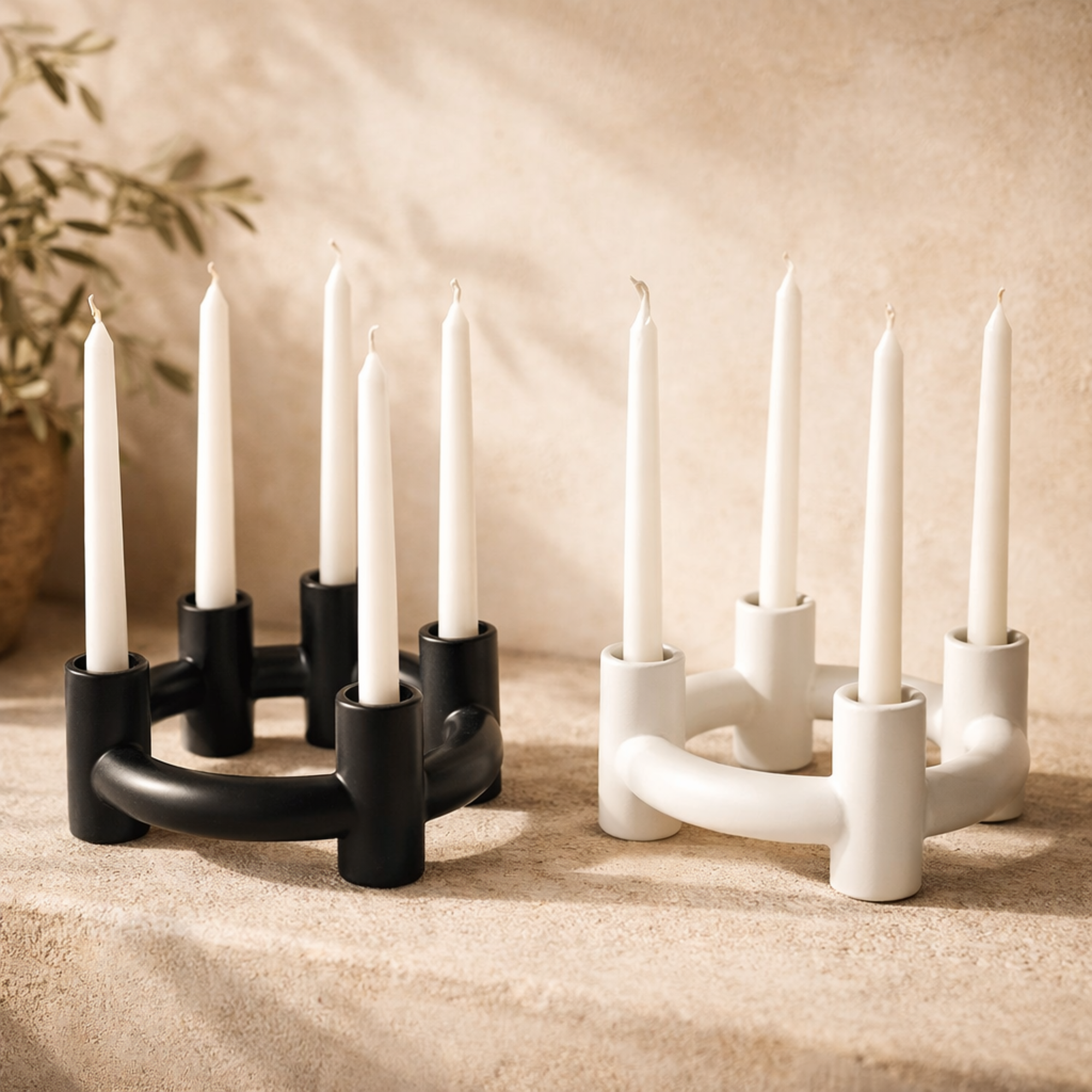 CosmoLiving by Cosmopolitan Set of 2 Geometric Black Ceramic Circle Decorative Candle Holder