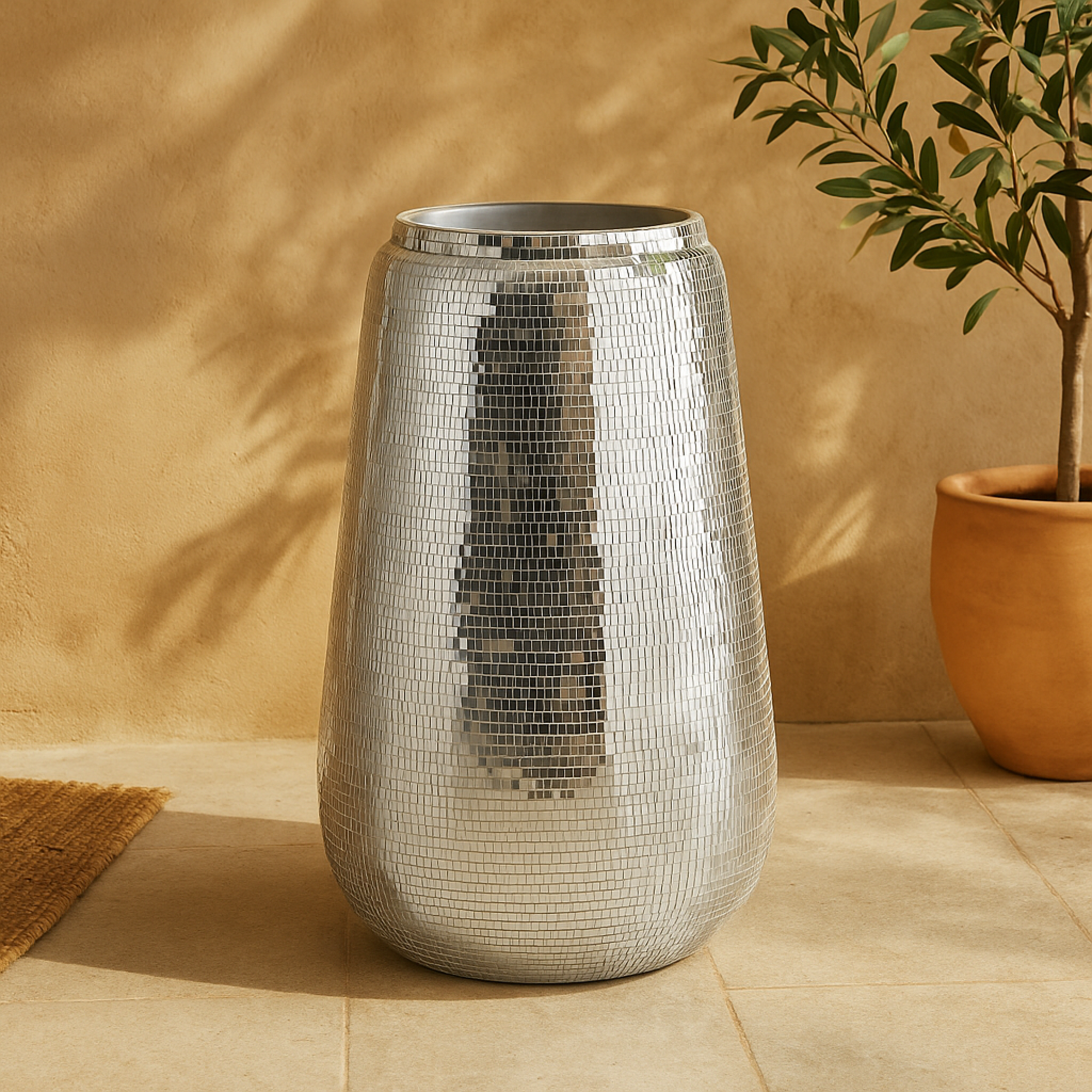 Silver Fiberglass Mosaic Floor Decorative Vase with Blue Interior