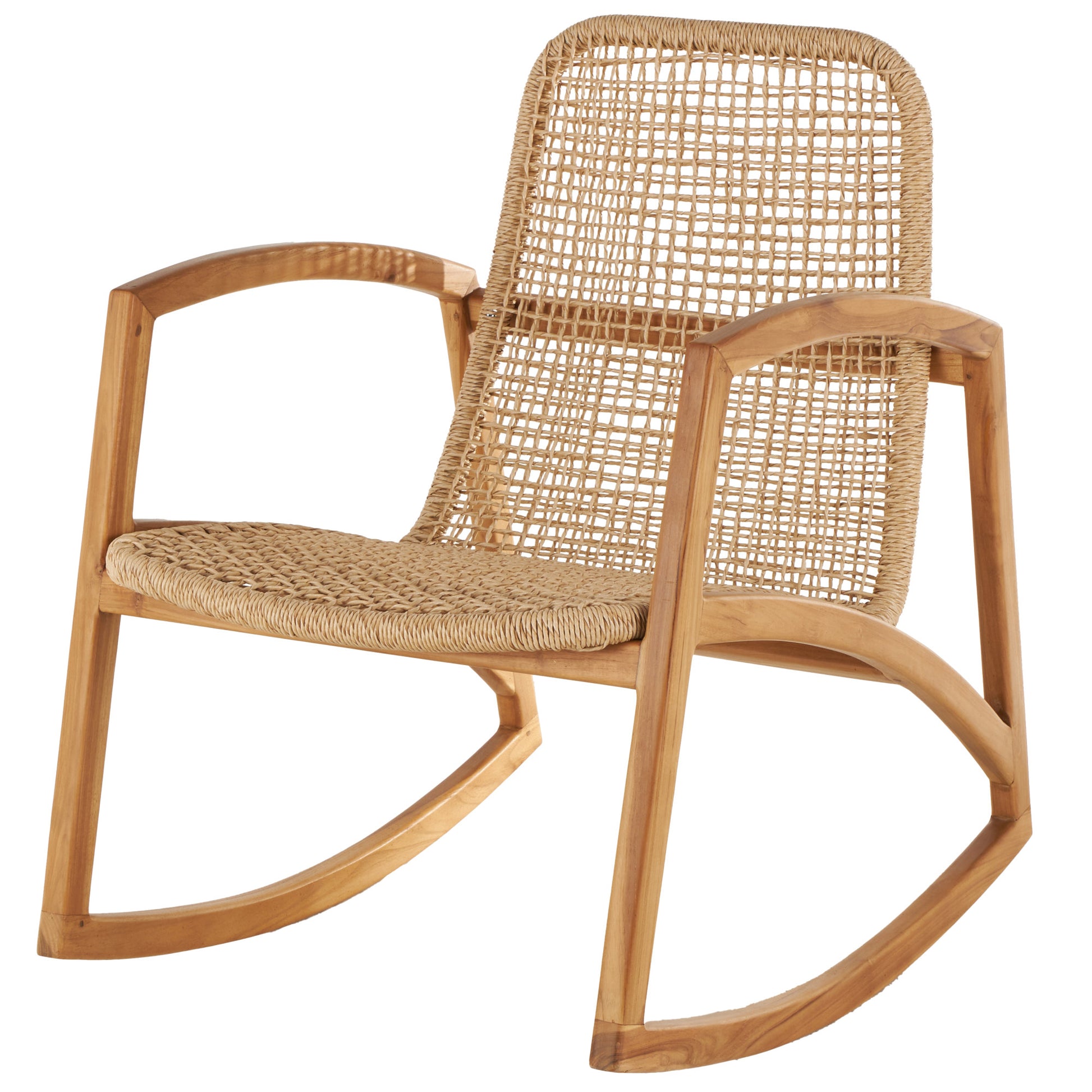 Light Brown Plastic Rattan Handmade Woven Rectangular Living Room Accent Chair with Teak Frame