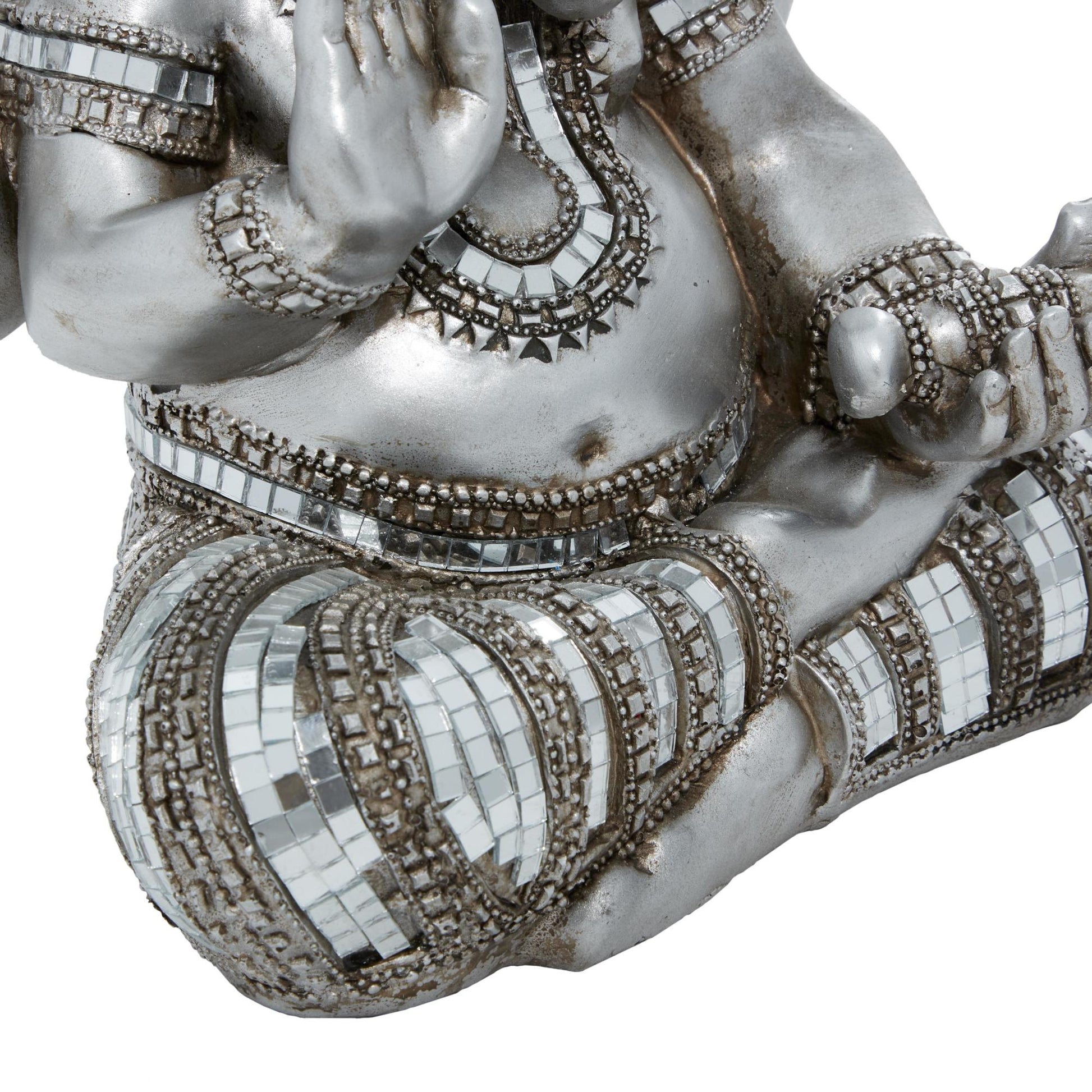 Ganesh Silver Polystone Meditating Decorative Sculpture with Engraved Carvings and Relief Detailing
