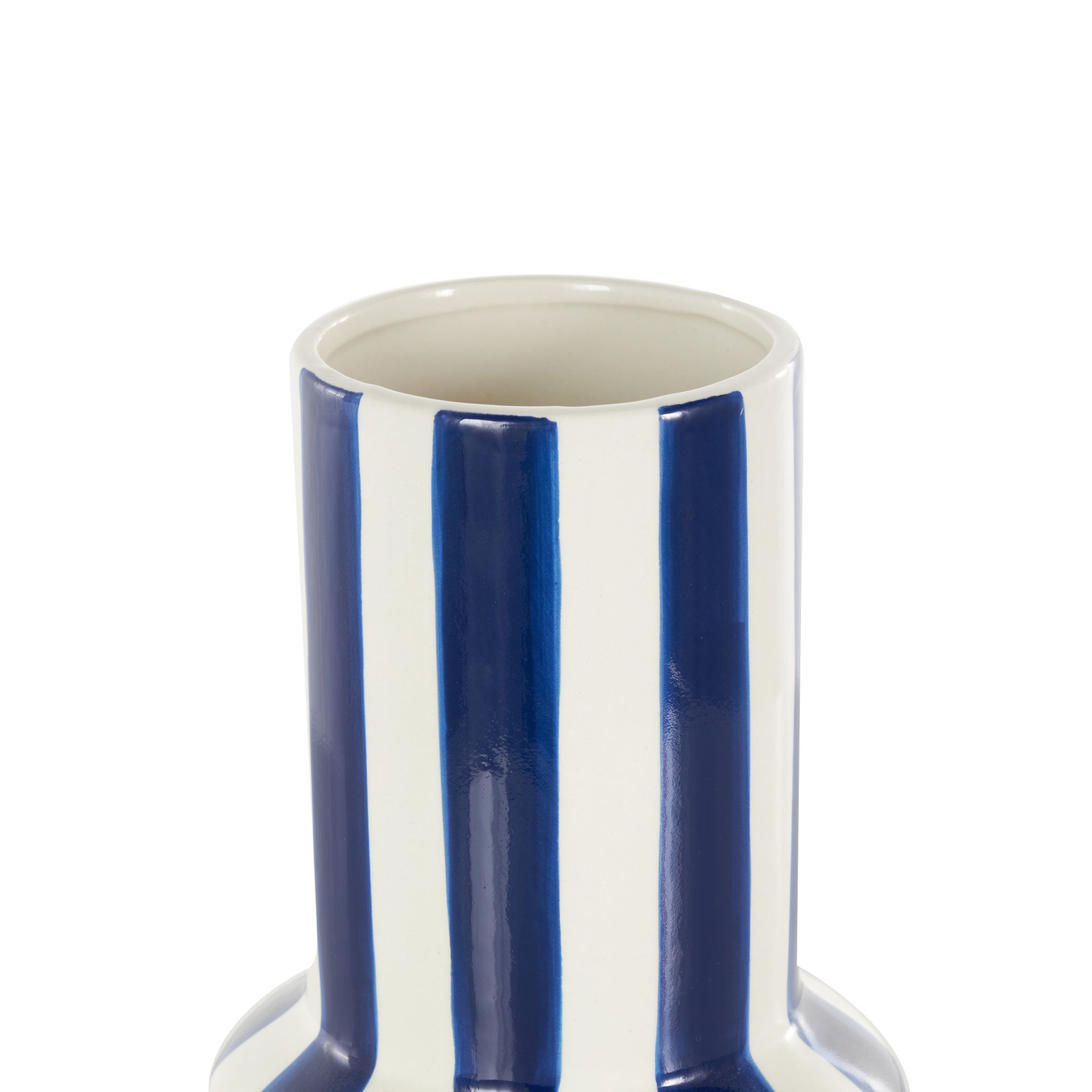 Ceramic Round Decorative Vase with Blue Vertical Stripes 5" x 5" x 11"