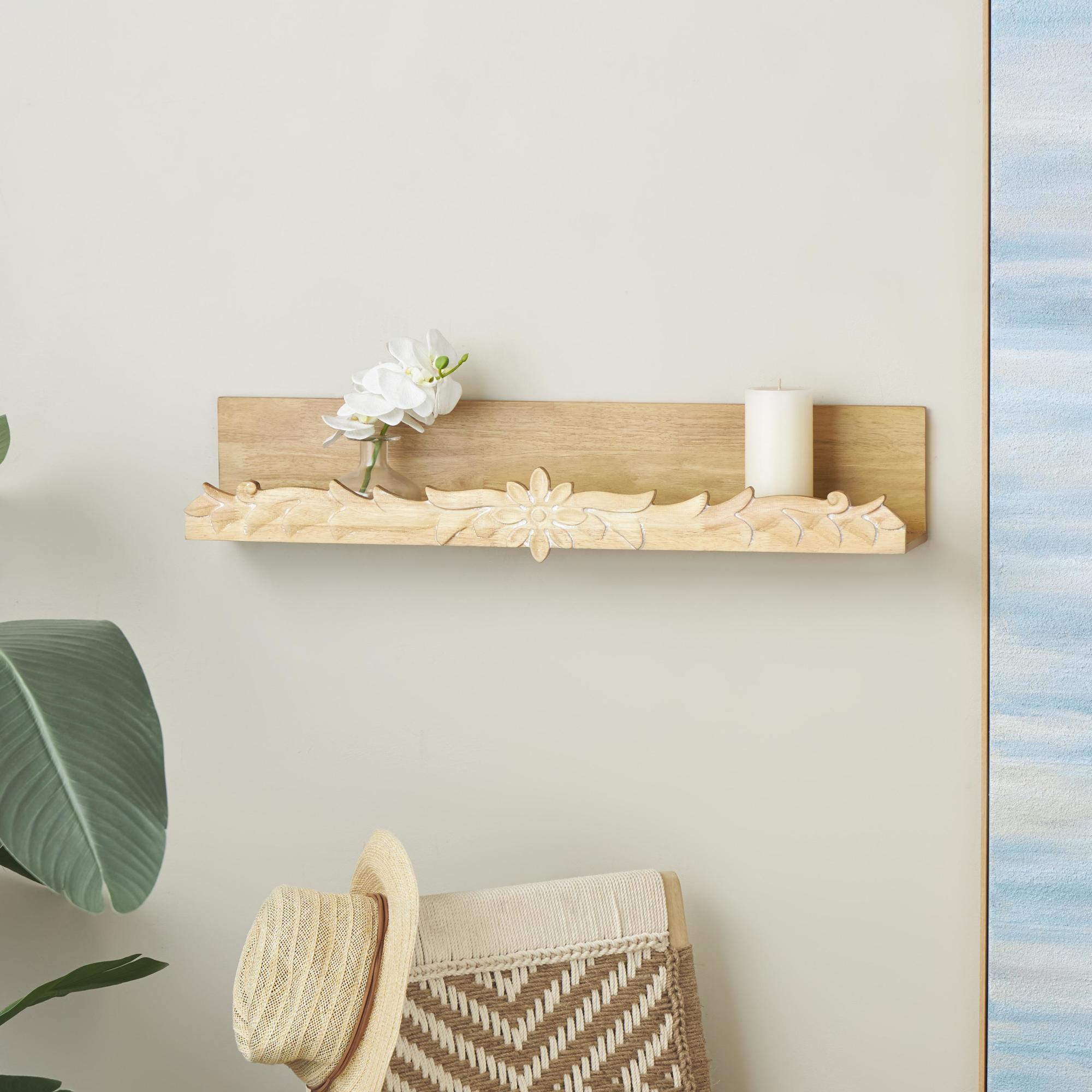 Floral Light Brown Wooden Room Wall Shelf with Carved Scroll Lip