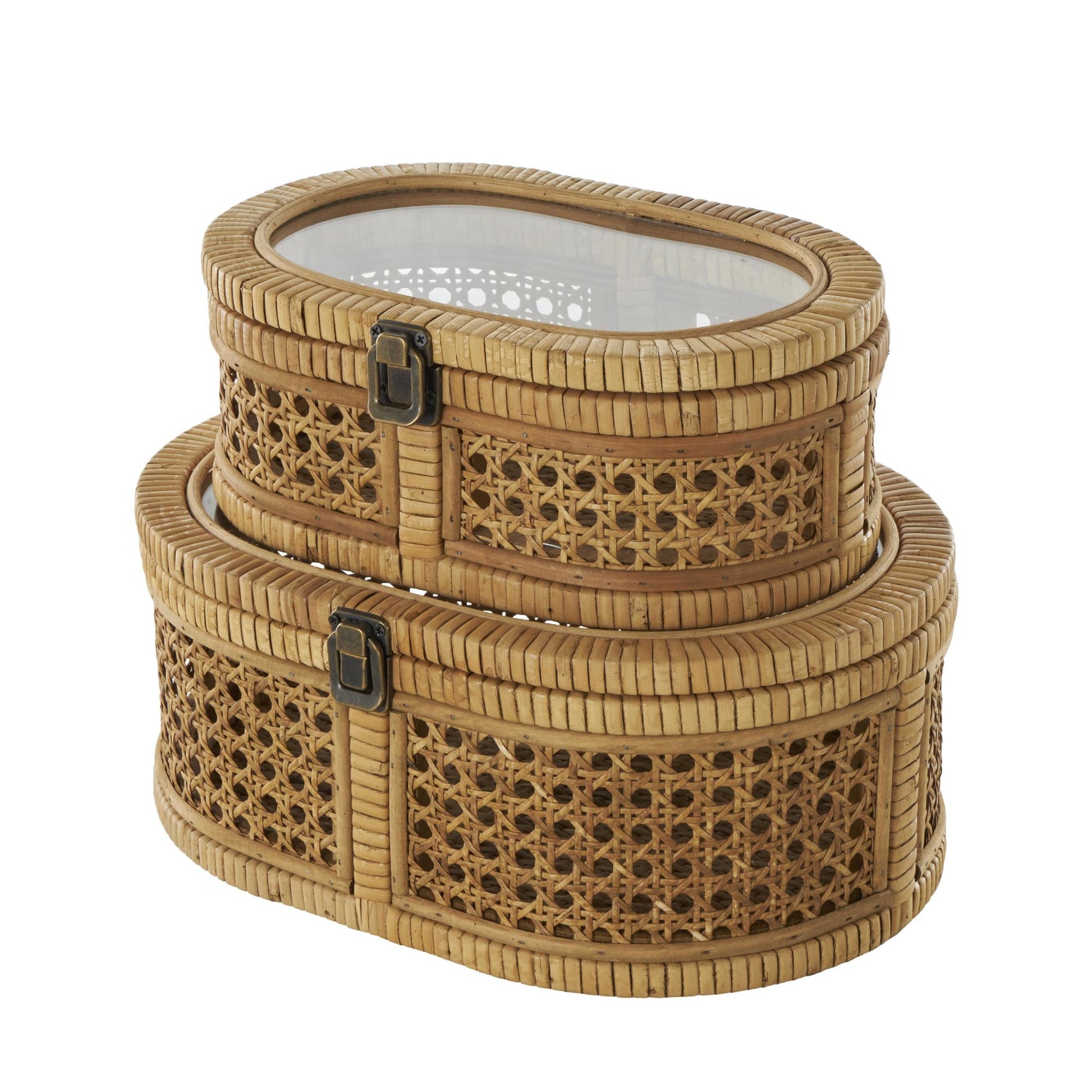 Set of 2 Brown Rattan Handmade Wrapped Oval Storage Decorative Box with Cane Panels and Tempered Glass Tops