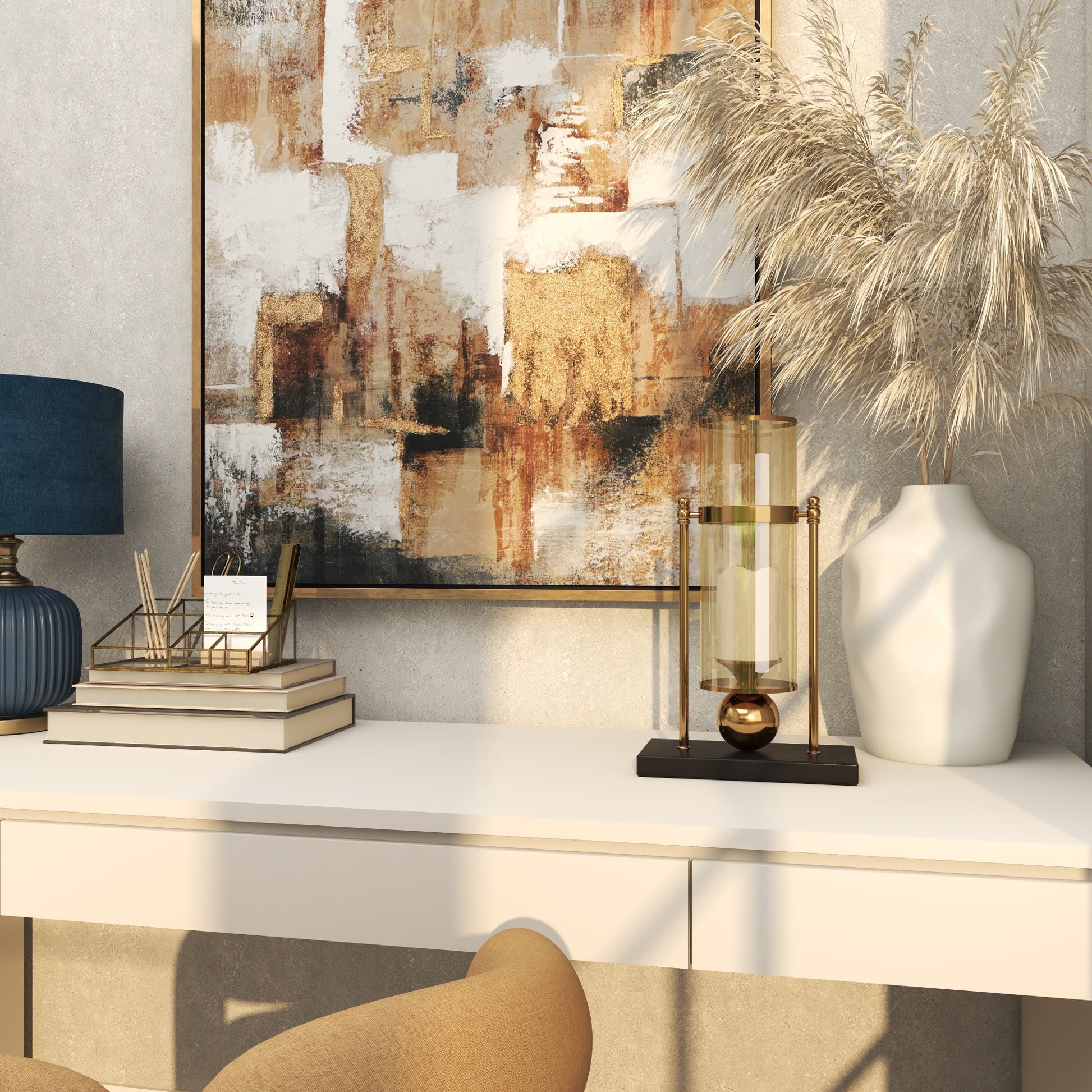 CosmoLiving by Cosmopolitan Gold Metal Iridescent Pillar Room Hurricane Lamp with Ball Accent and Black Base