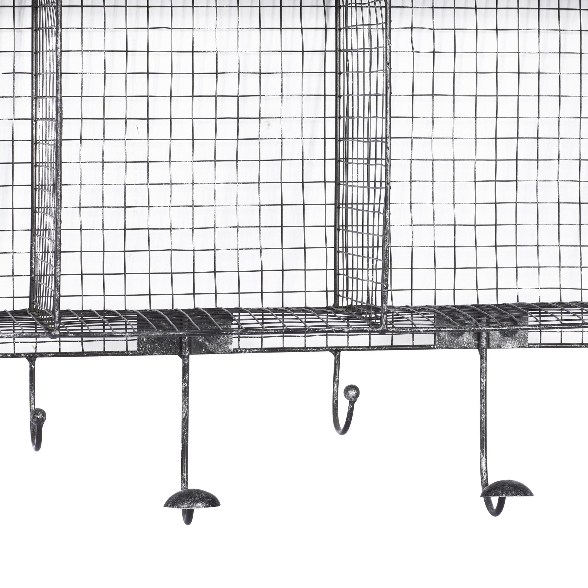 Black Metal Caged 4 Cubby and 7 Hanger Home Wall Hook with Wood Shelf