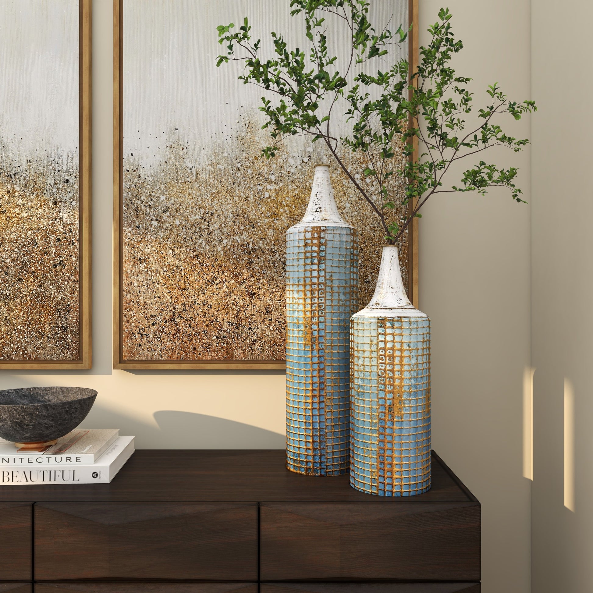 Set of 2 Geometric Blue Metal Distressed Tall Decorative Vase with Grid Pattern and Gold Accents