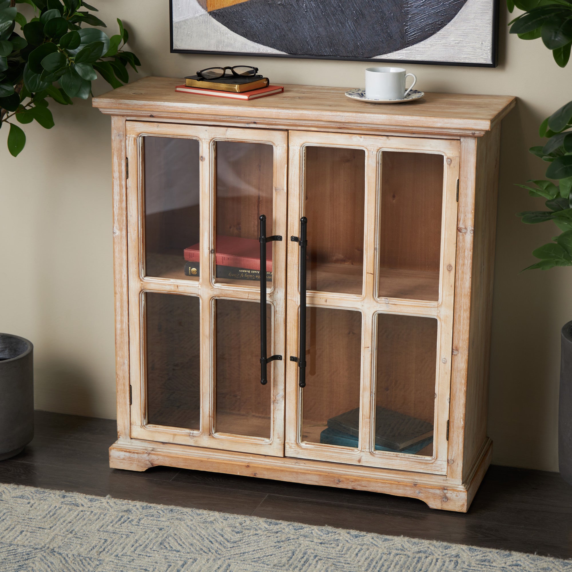 Brown Wood 2 Door Room Cabinet with Black Rod Handles
