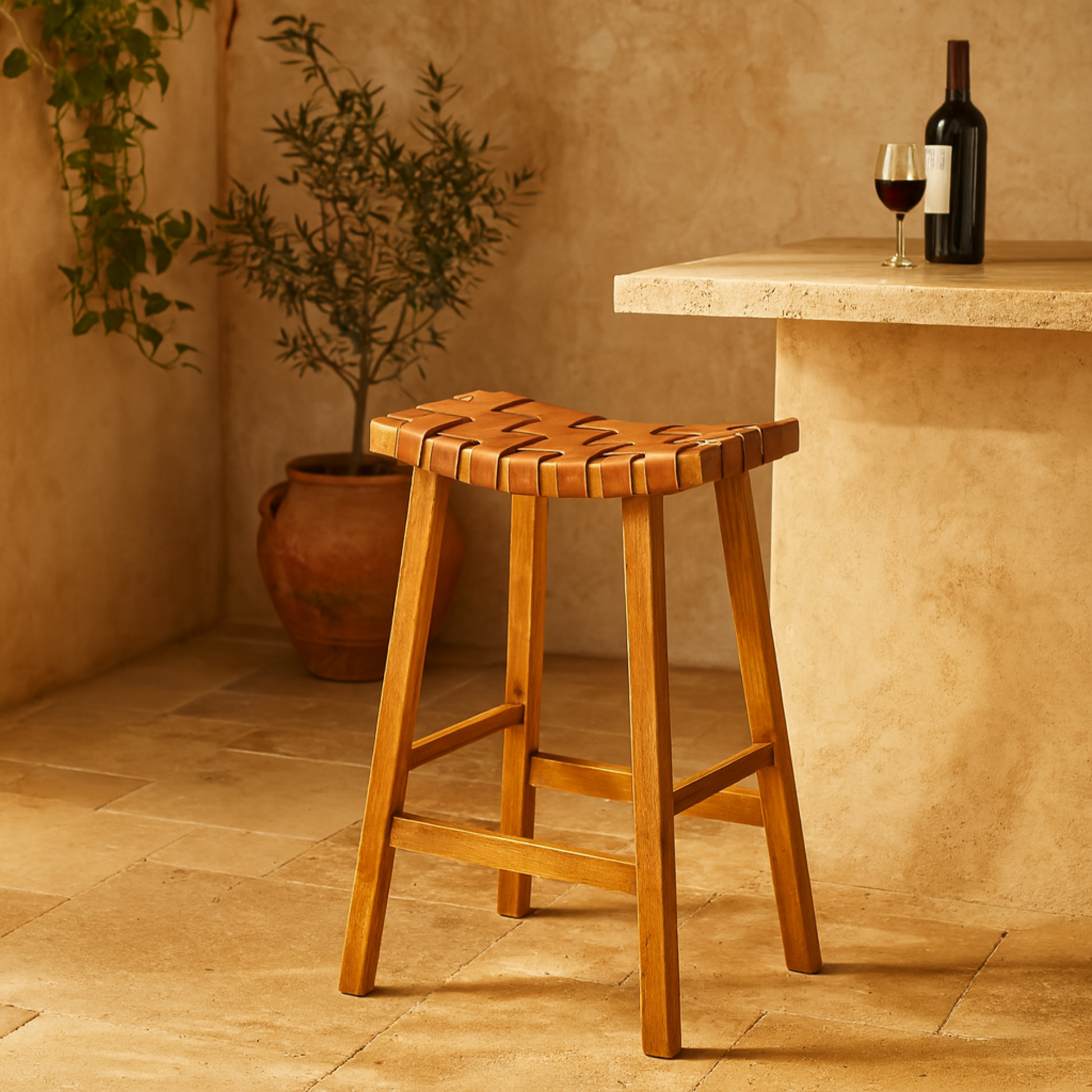 Faux Leather Handmade Woven Kitchen Bar Stool with Wood Frame