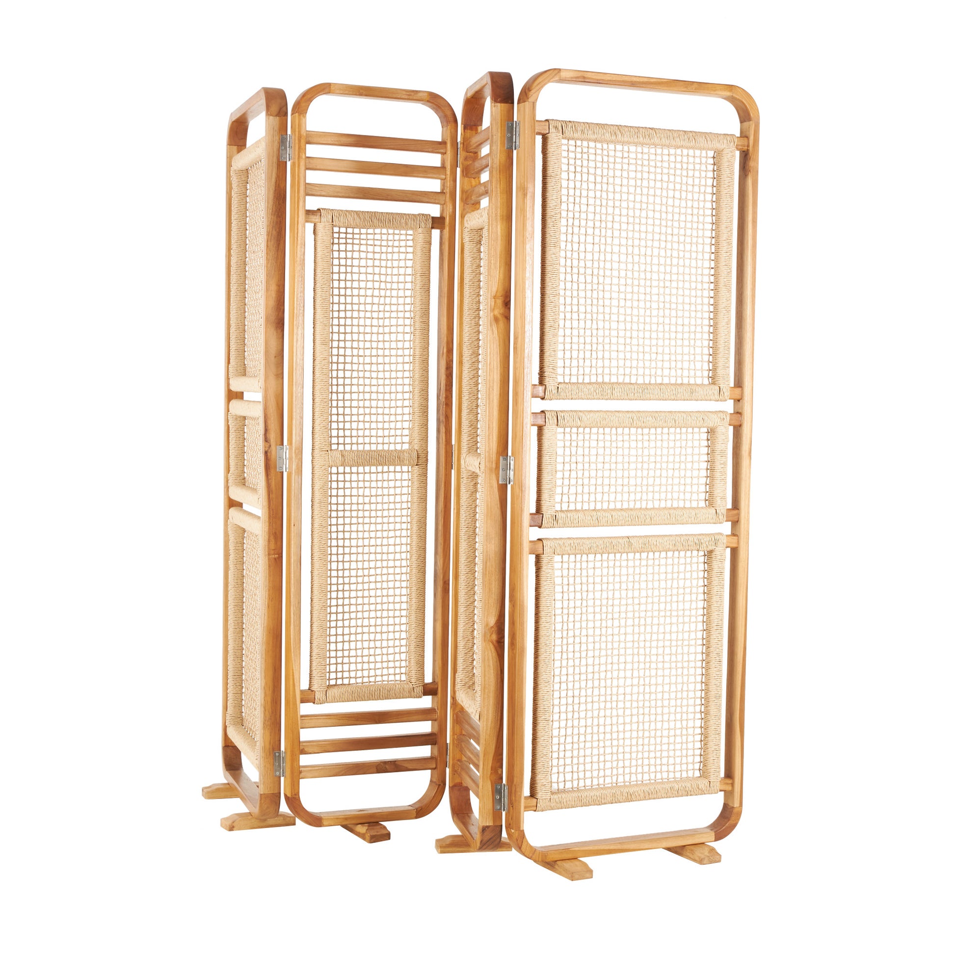 Brown Teak Wood Handmade Foldable Partition 4 Panel Partition Room Divider Screen with Woven Rattan Panels