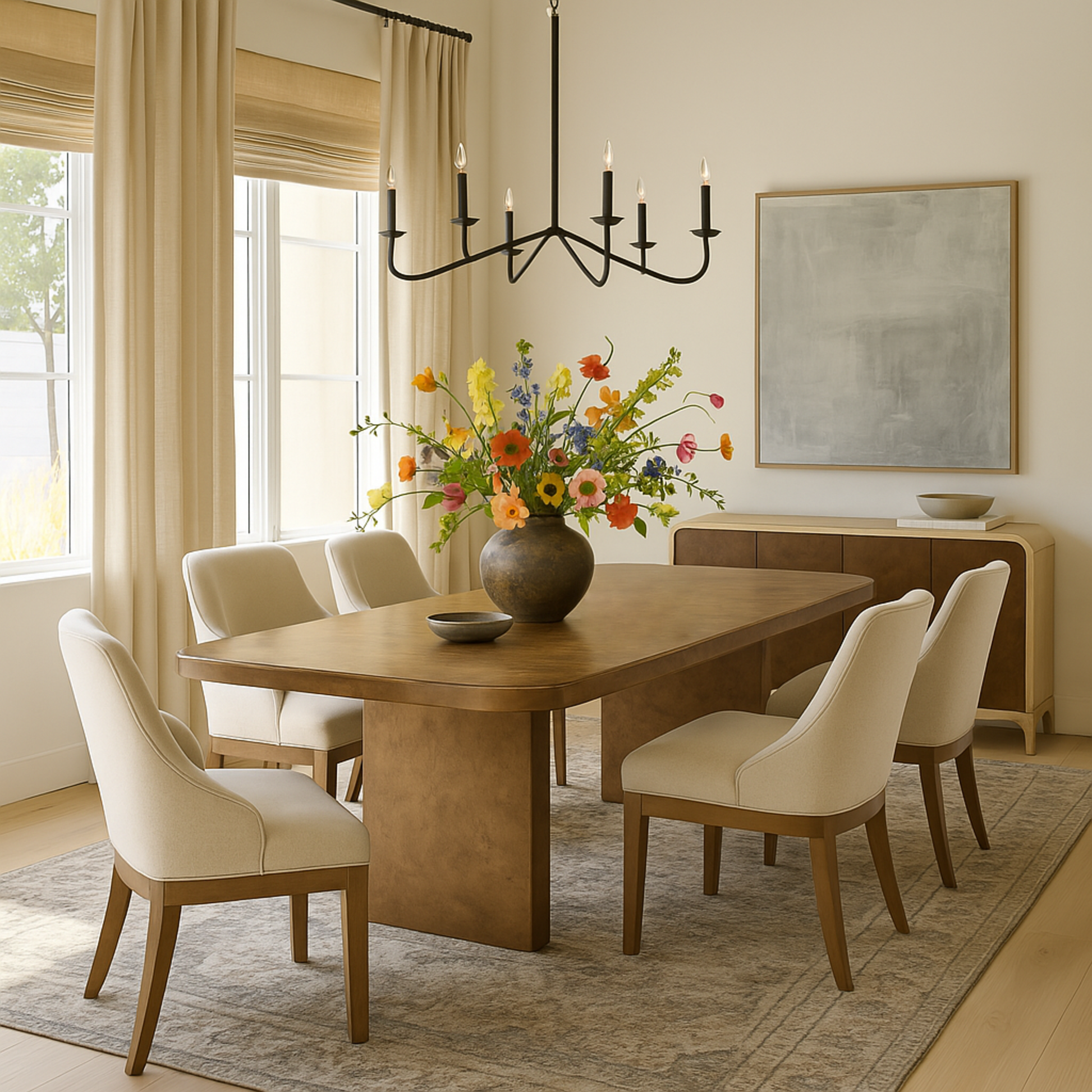 Brown Wooden Kitchen Dining Table with Block Style Legs