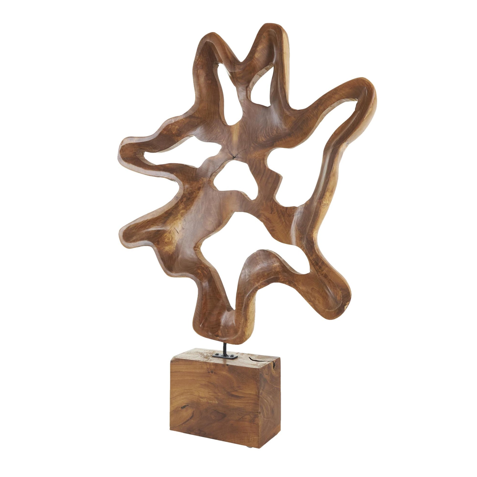 Abstract Brown Teak Wood Cutout Decorative Sculpture with Block Base