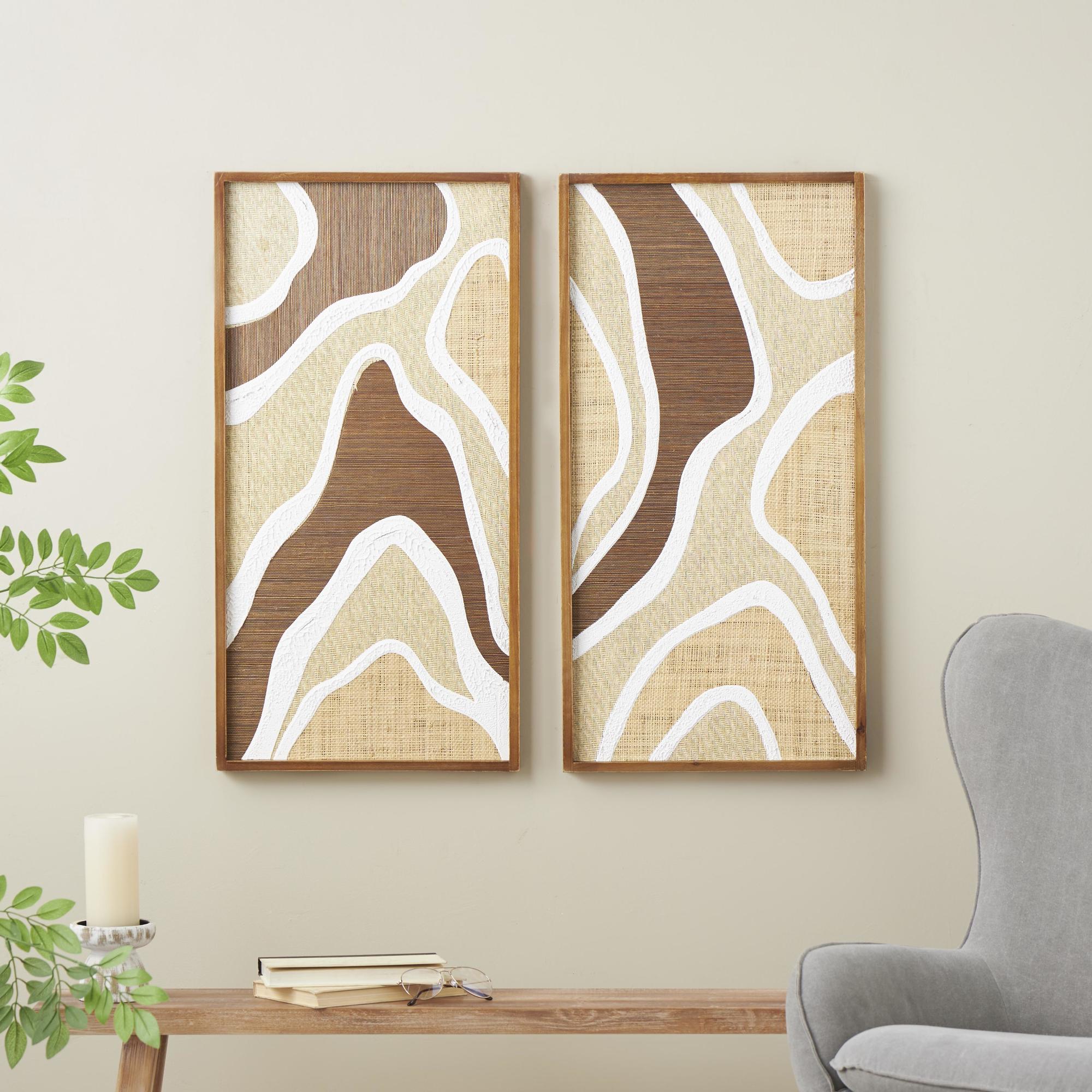 Set of 2 Abstract Brown Wood Textured Wavy Living Room Framed Wall Art with White and Tan Accents