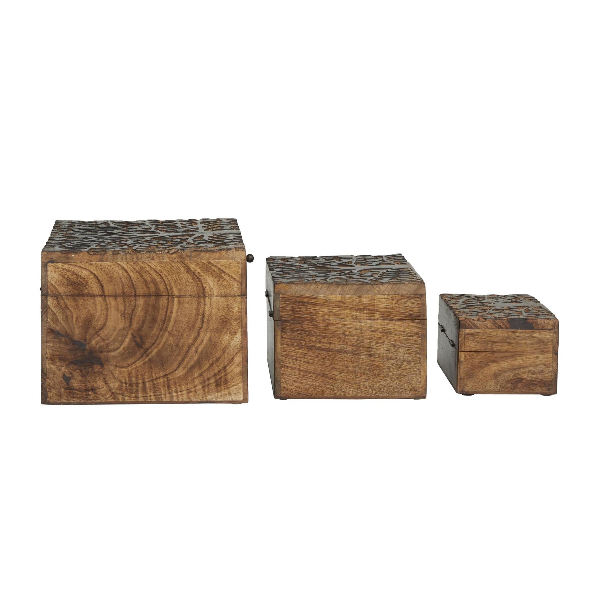 Set of 3 Floral Brown Mango Wood Handmade Decorative Box with Hinged Lid