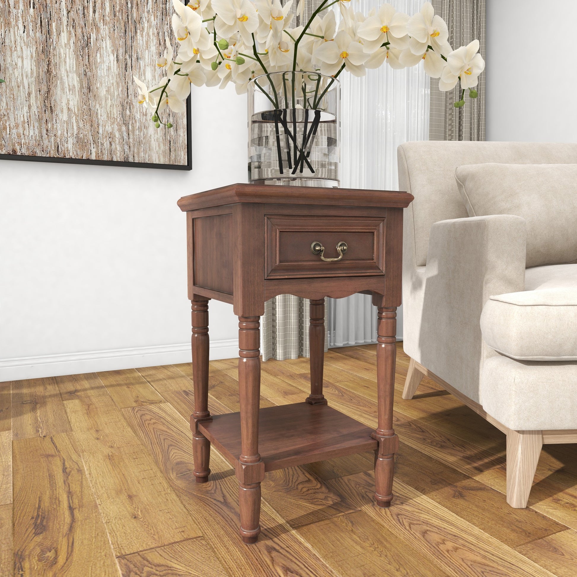 Brown Wood 1 Drawer Side End Accent Table