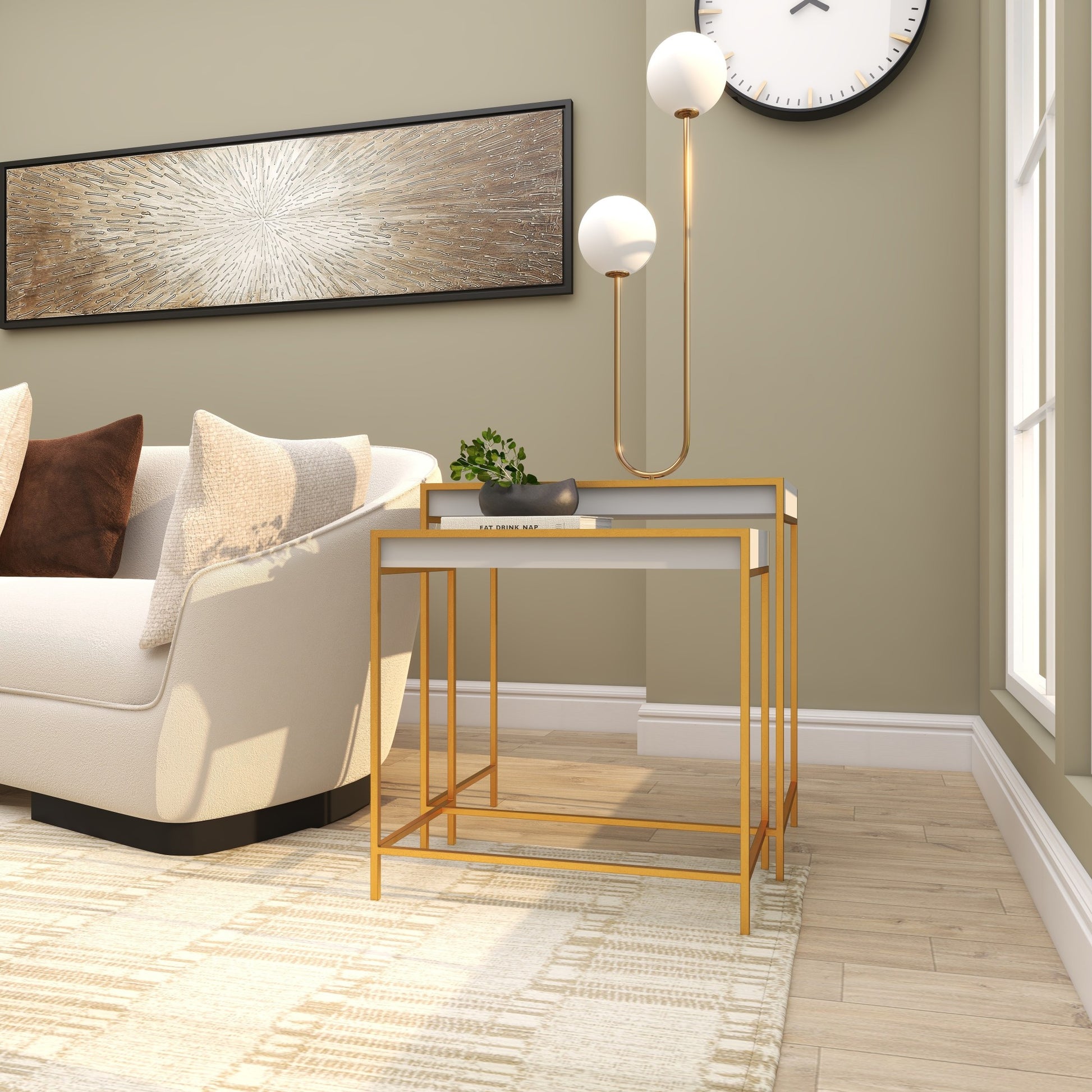 Set of 2 Geometric White Wooden Nesting Tray Top Side End Accent Table with Gold Metal Legs