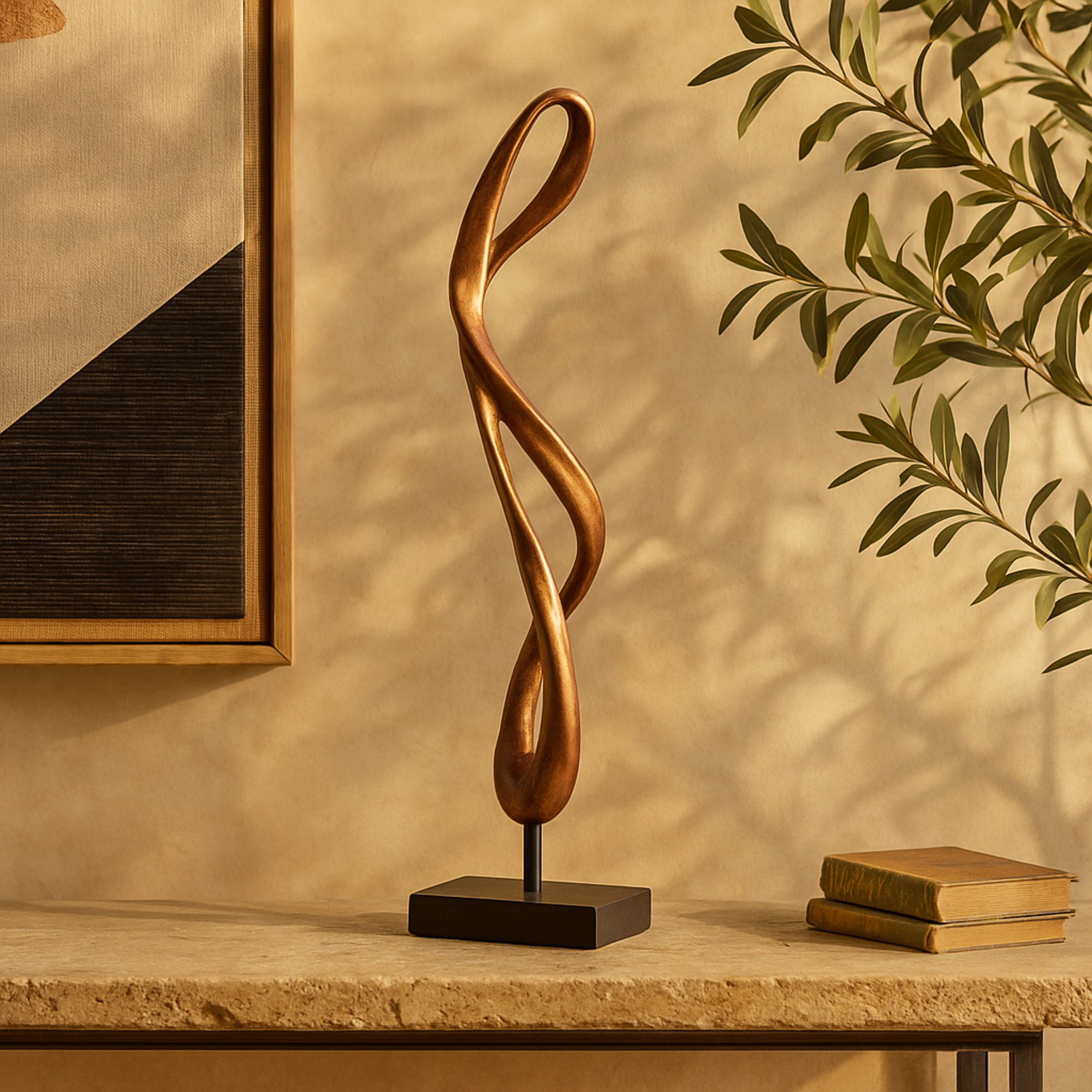 Abstract Bronze Polystone Abstract Decorative Sculpture with Rectangle Black Base