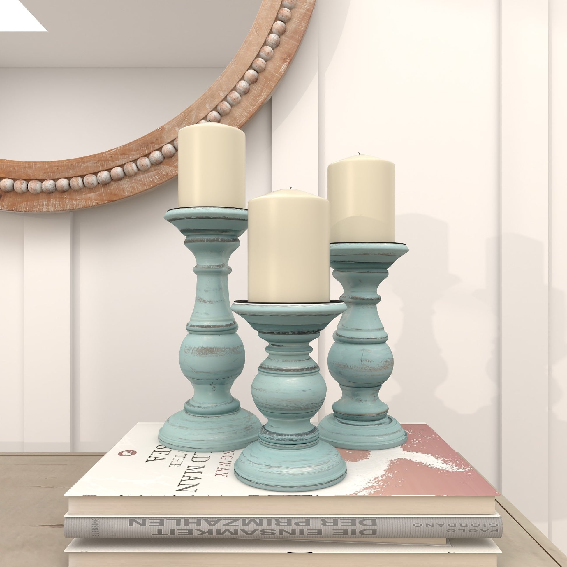 Set of 3 Mango Wood Distressed Turned Pillar Decorative Candle Holder