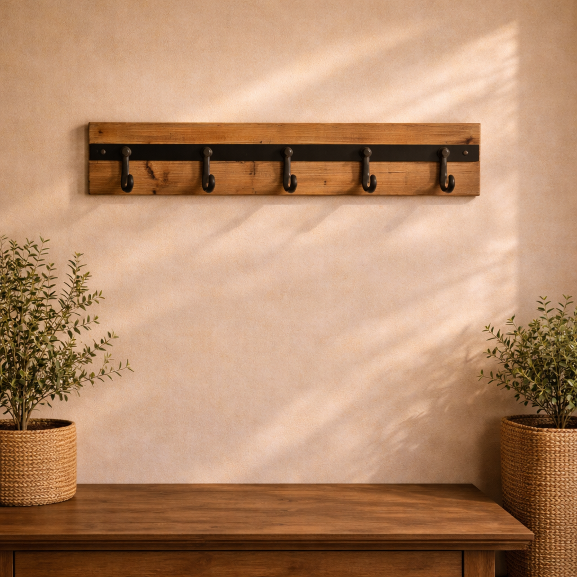 Brown Wood 5 Hanger Home Wall Hook with Black Metal Hardware
