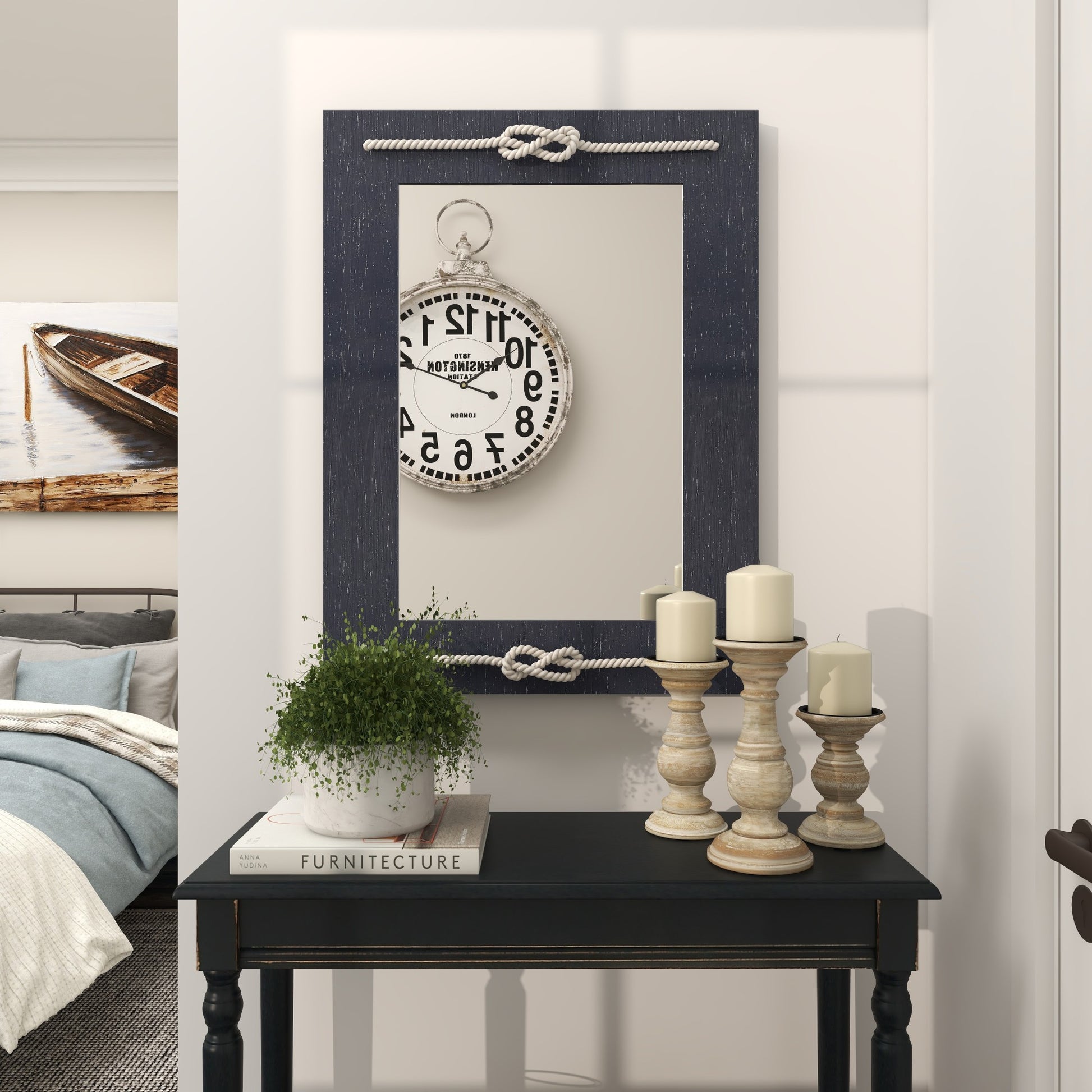 Blue Wood Room Wall Mirror with Knotted Rope
