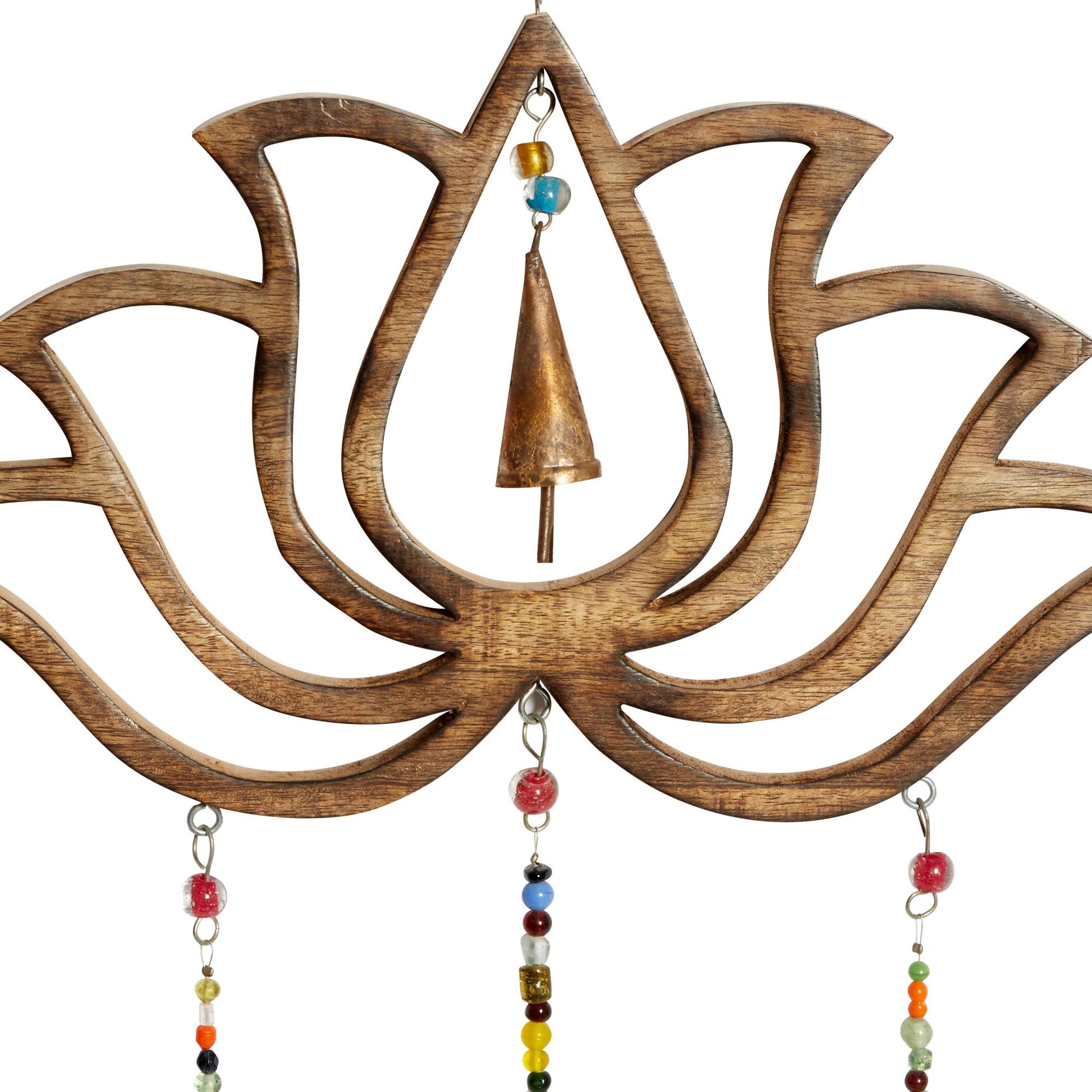 Floral Brown Mango Wood Handmade Lotus Indoor Outdoor Windchime with Glass Beads and Cone Bells