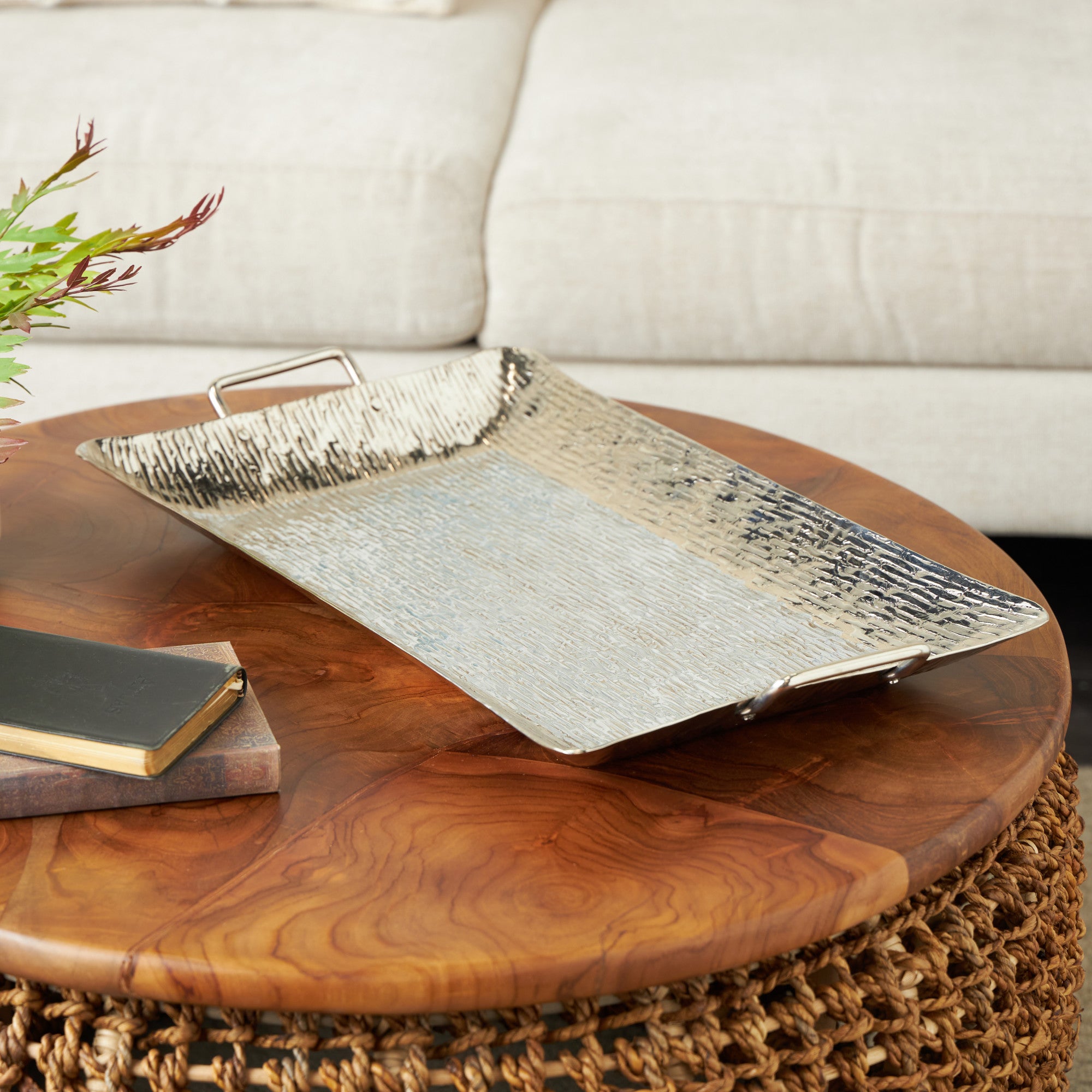 Silver Aluminum Metal Ribbed Living Room Decor Tray with Handles