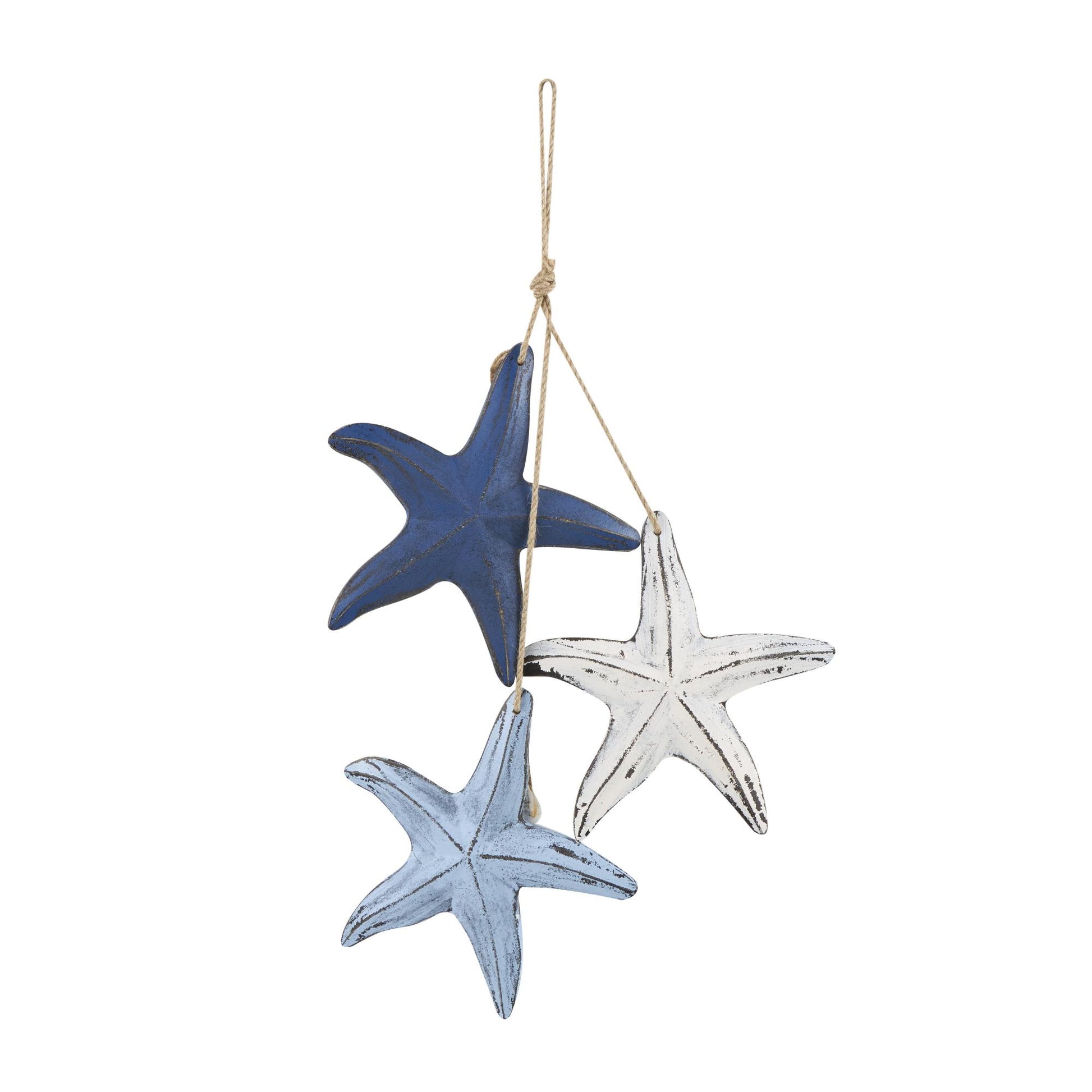 Starfish Blue Wooden Distressed Layered Home Wall Decor with Hanging Rope and Decorative Shell Accents