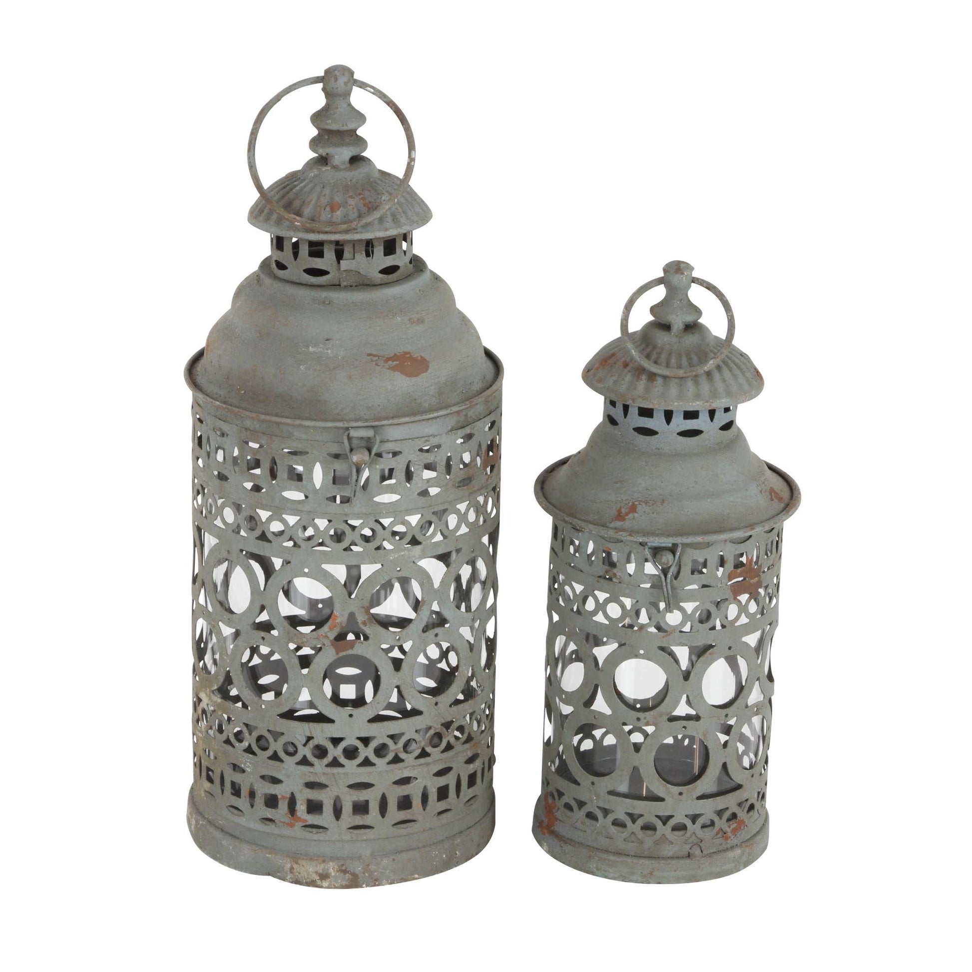 Set of 2 Scroll Black Metal Decorative Indoor Outdoor Candle Lantern with Ring Handle