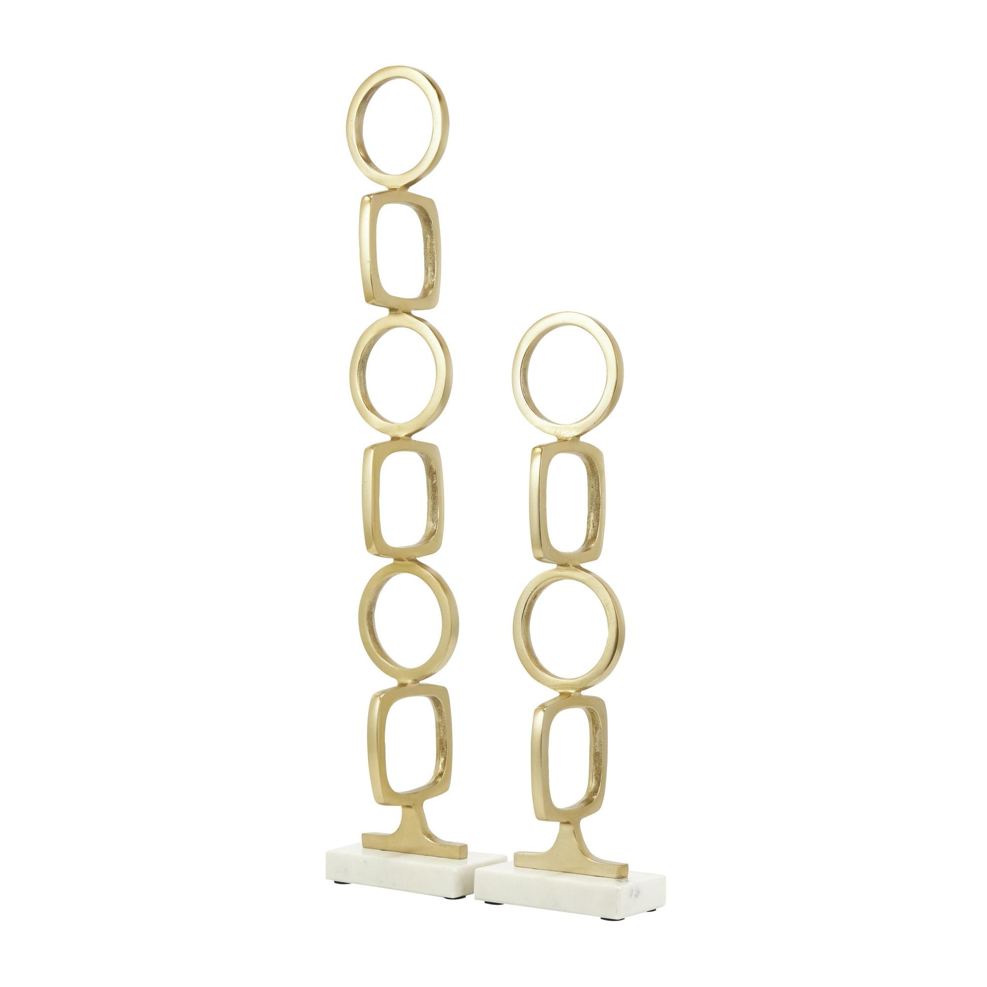 Set of 2 Abstract Aluminum Metal Stacked Geometric Rings Decorative Sculpture with Marble Bases