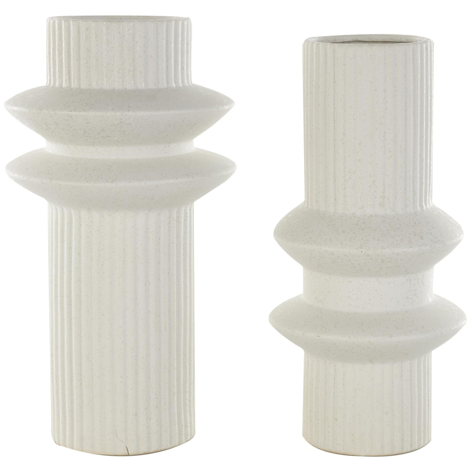 Set of 2 Abstract White Ceramic Ribbed Decorative Vase with Speckled Texturing
