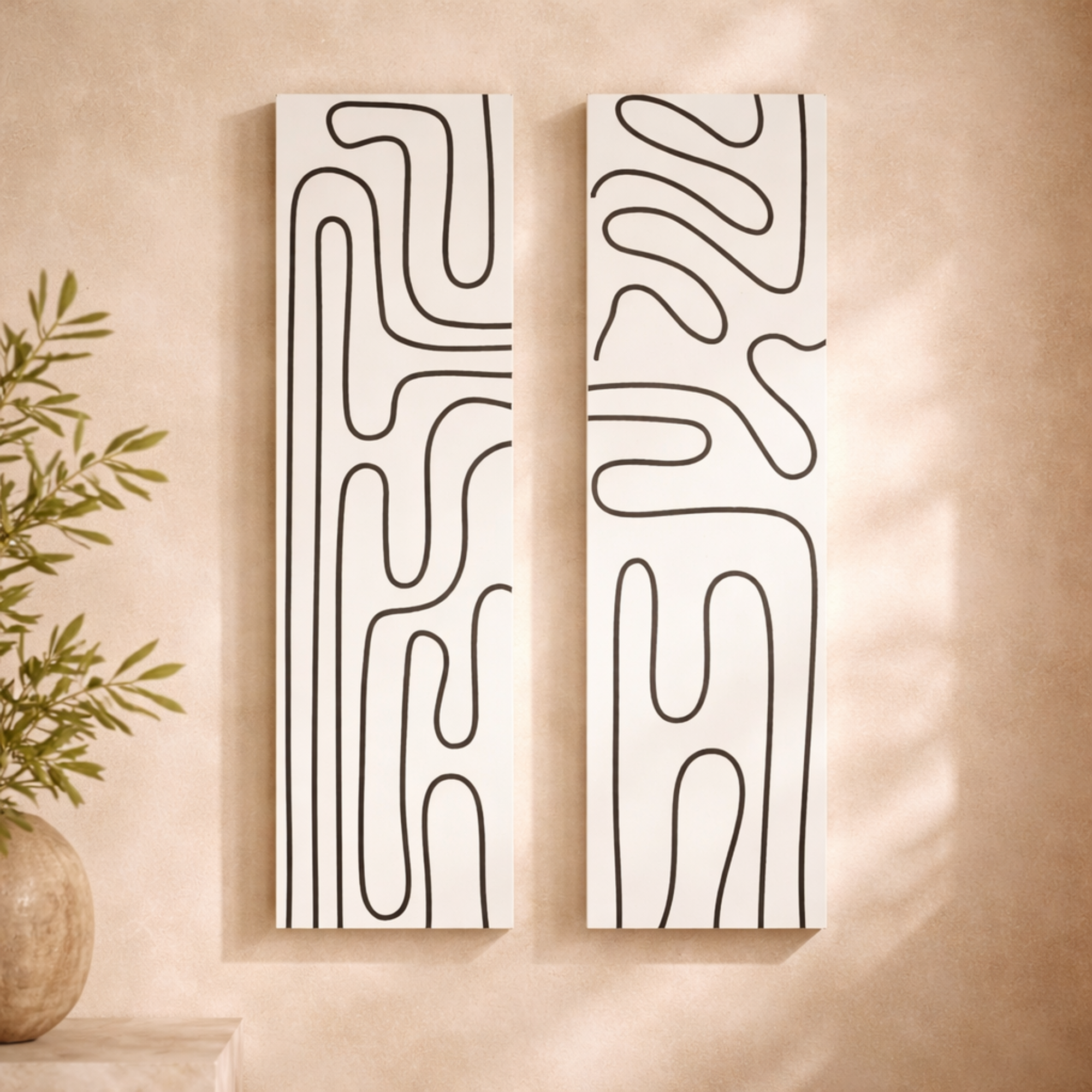 Set of 2 Geometric White Wood Decorative Wall Art with Black Accents