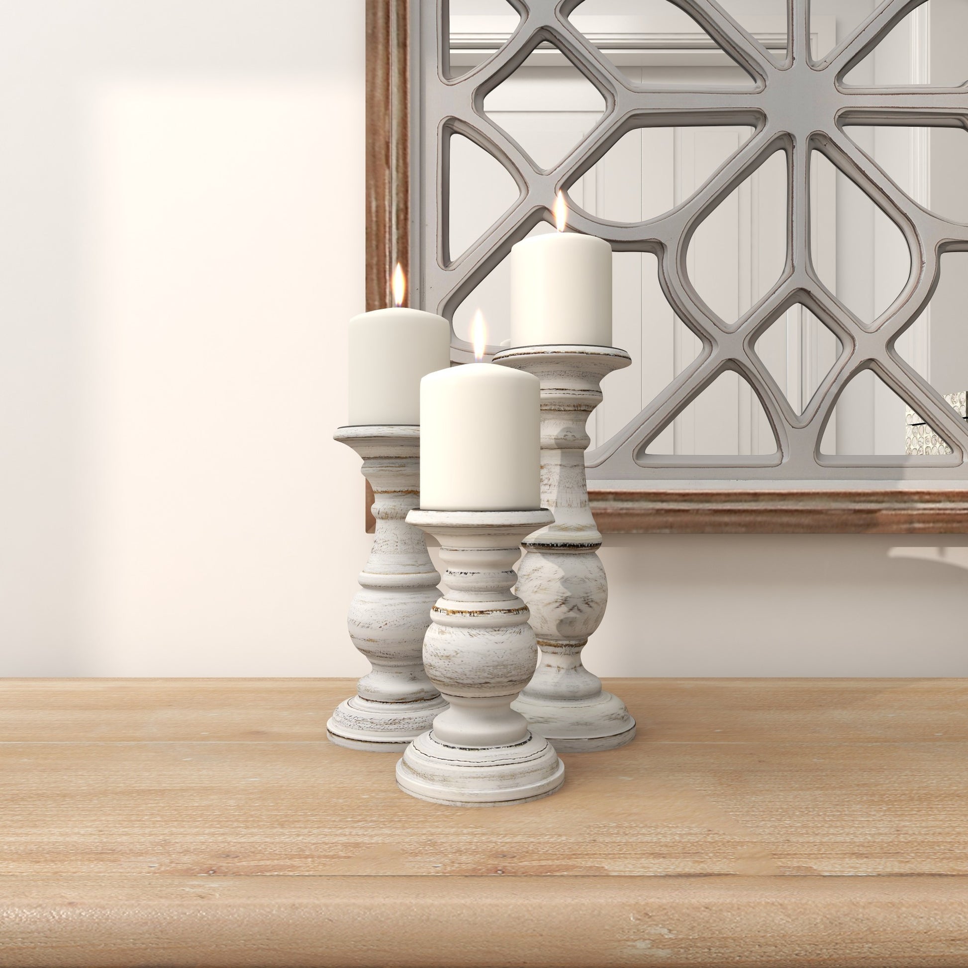 Set of 3 Mango Wood Distressed Turned Pillar Decorative Candle Holder