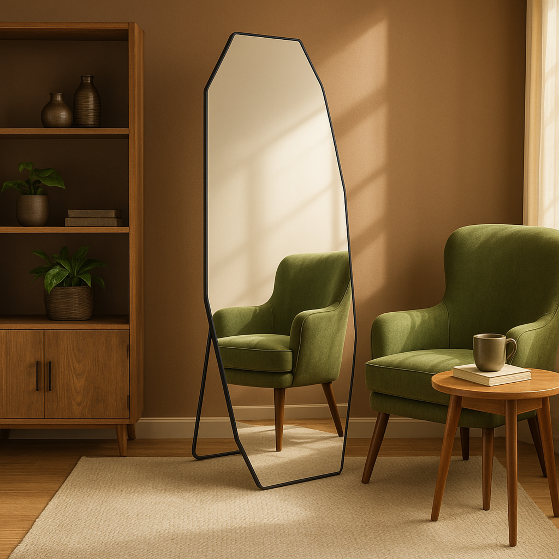 Geometric Black Metal Foldable Freestanding Decagon Room Floor Mirror