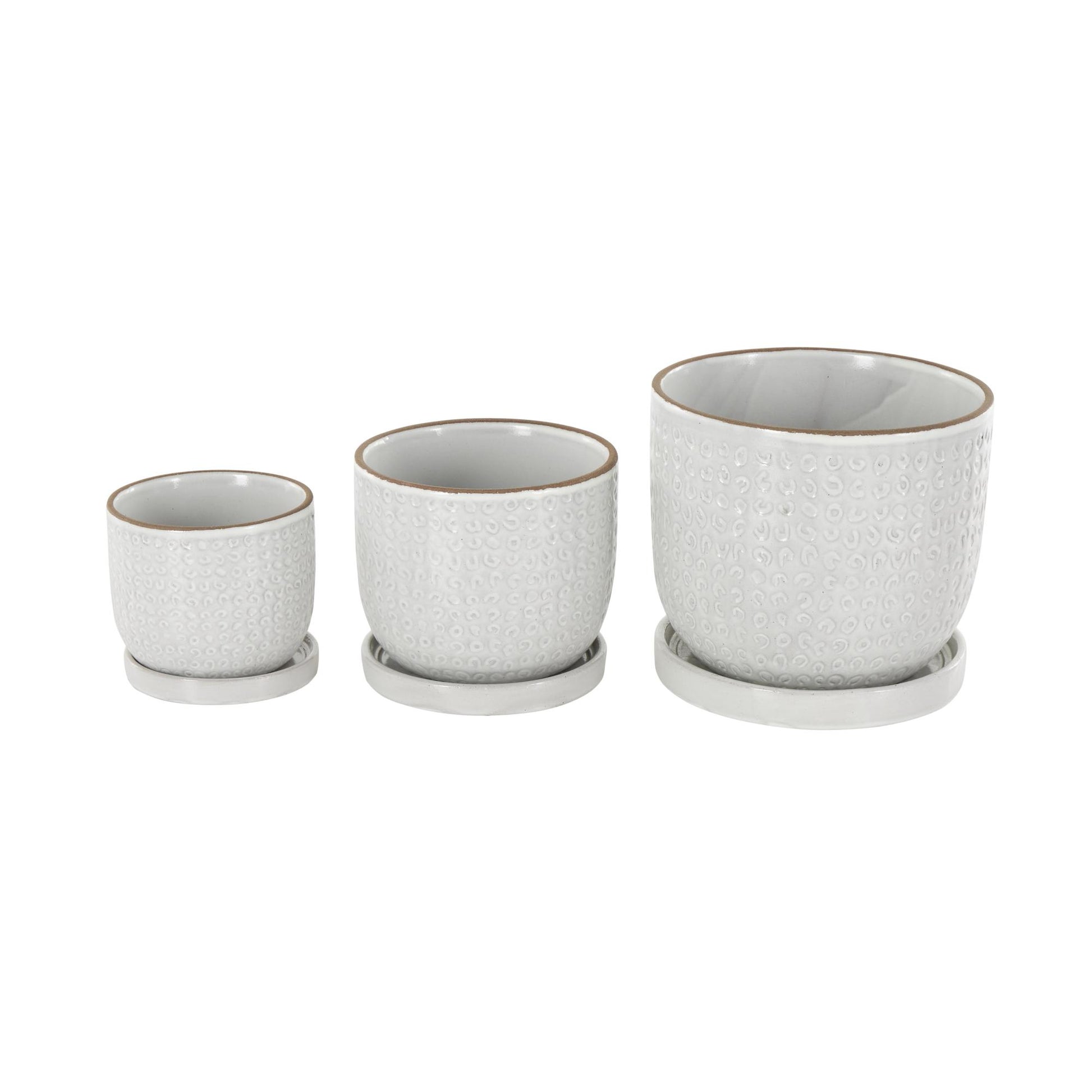 Set of 3 White Ceramic Abstract Circle Patterned Indoor Outdoor Planter with Brown Accents and Base Tray