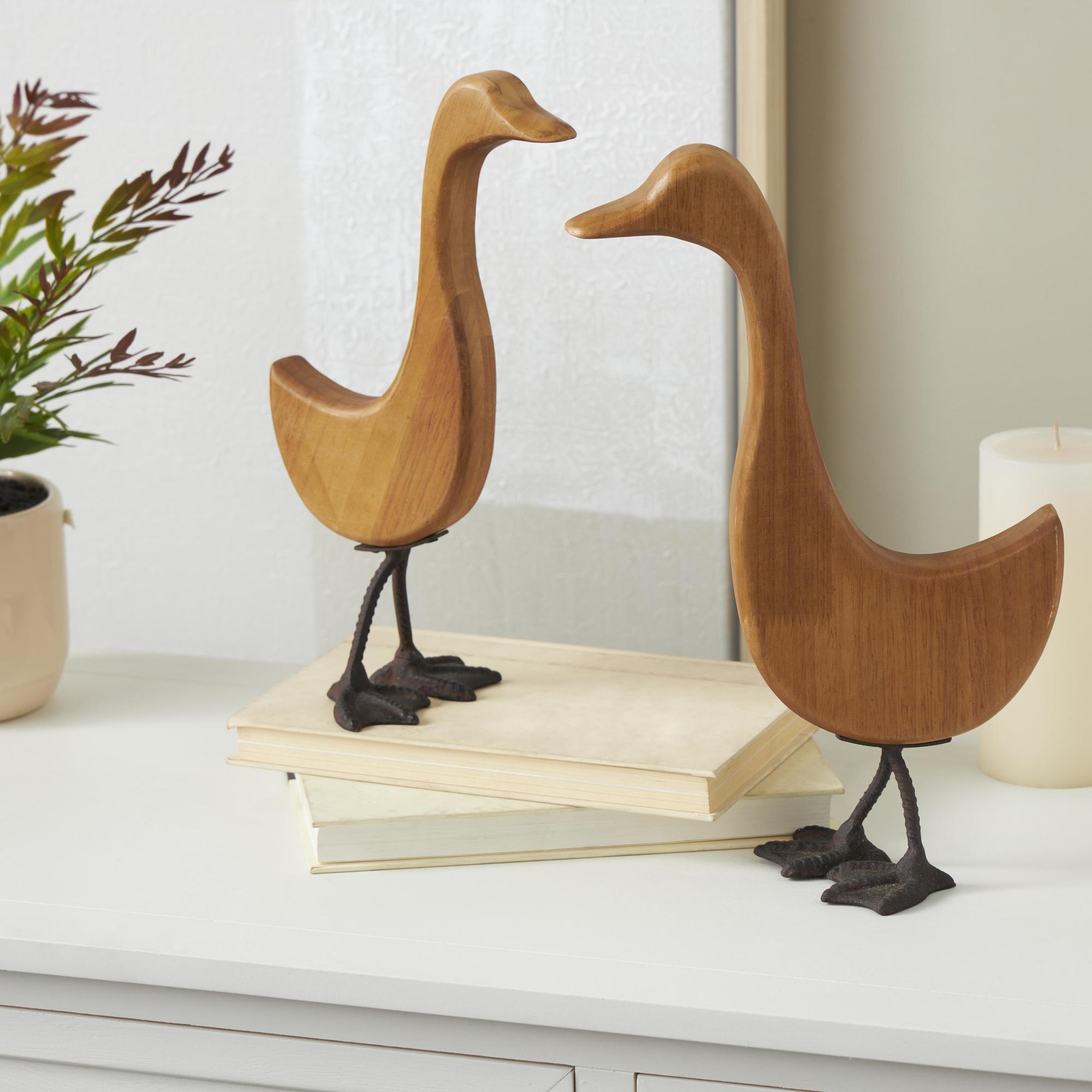 Set of 2 Duck Brown Wood Abstract Decorative Garden Sculpture with Black Metal Feet
