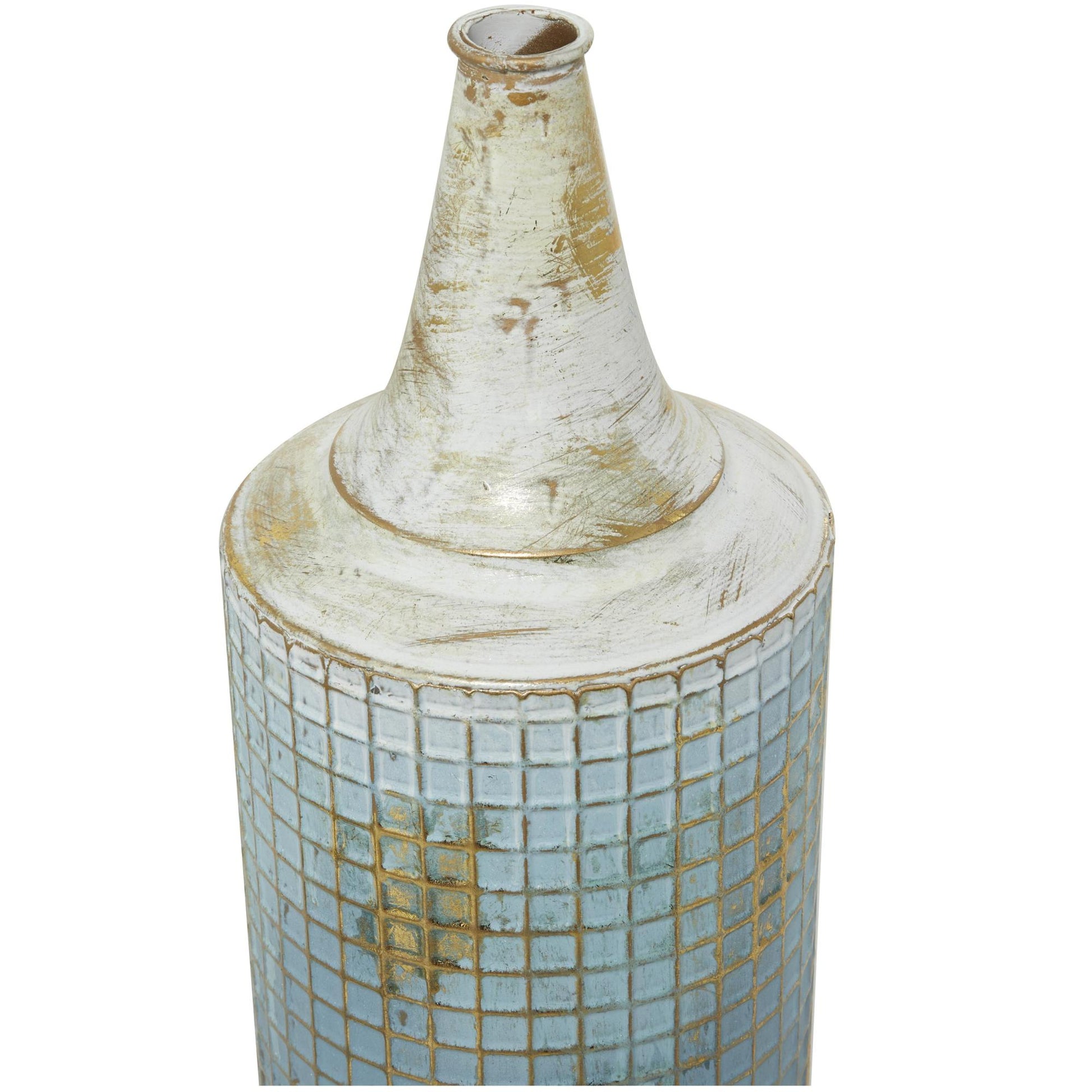 Set of 2 Geometric Blue Metal Distressed Tall Decorative Vase with Grid Pattern and Gold Accents