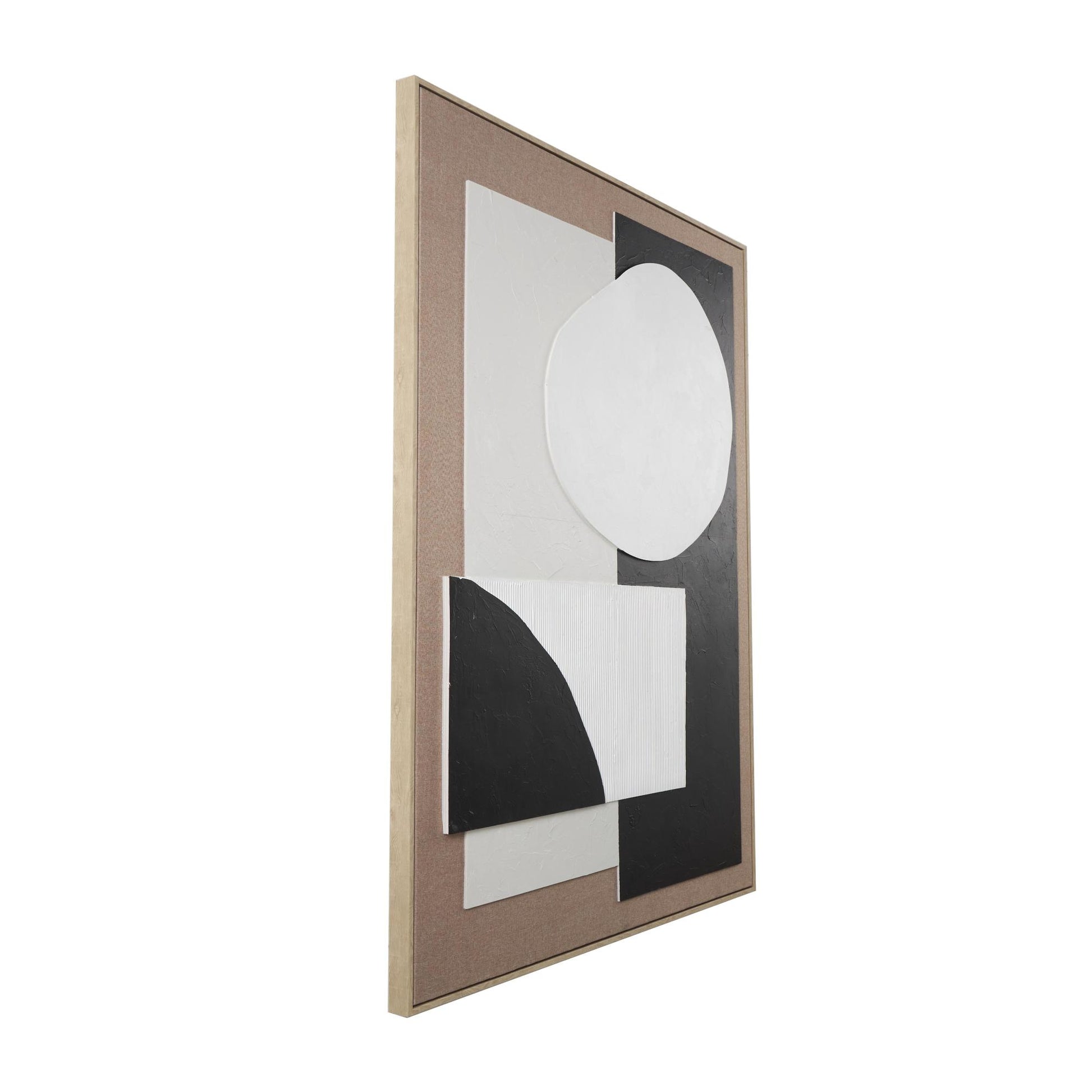 Geometric Brown Wood Textured Living Room Framed Wall Art with Abstract Black and White Shapes and Fabric Backing