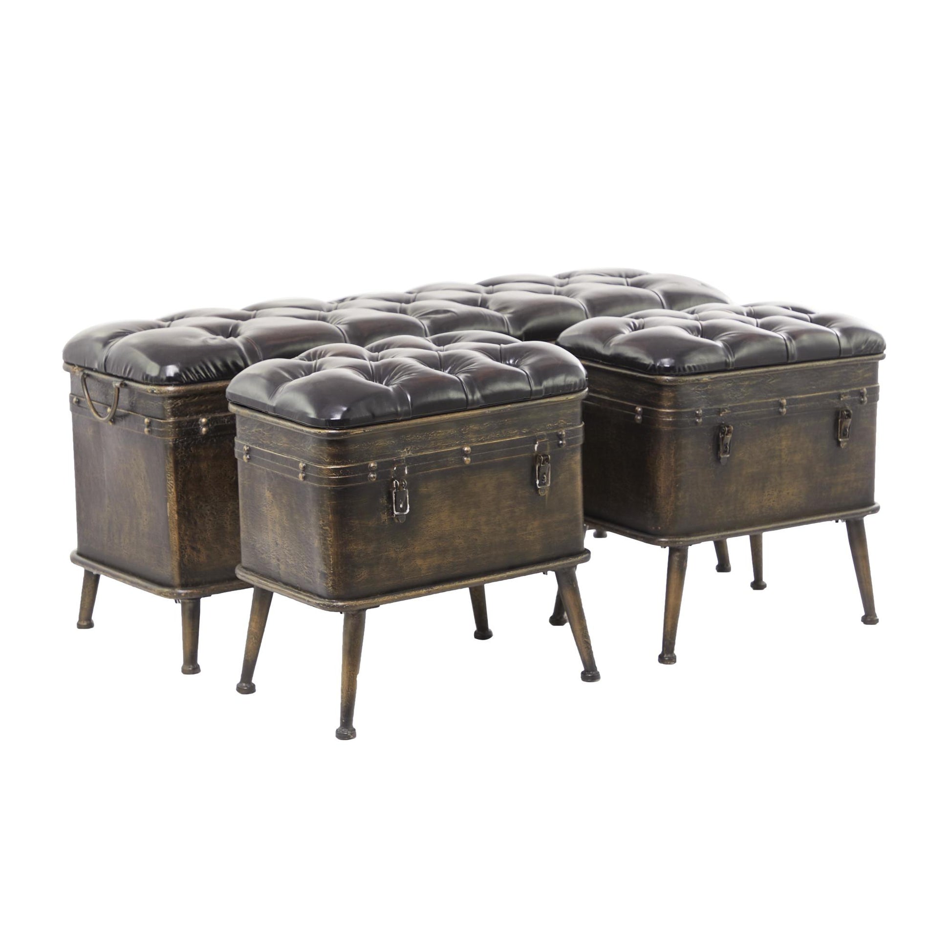 Set of 3 Bronze Metal Weathered Room Storage Bench with Dark Brown Tufted Faux Leather