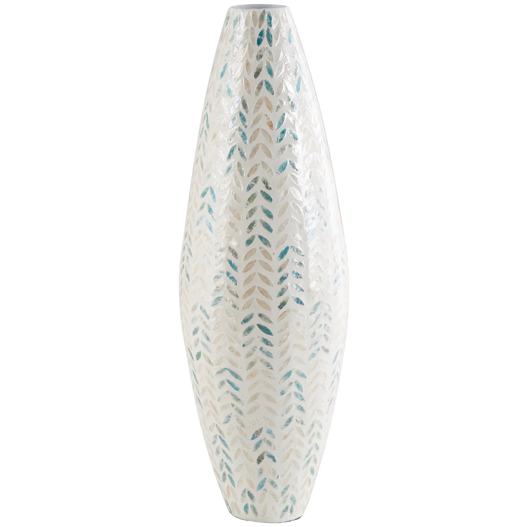 Leaf Cream Mother of Pearl Shell Handmade Tall Mosaic Decorative Vase with Blue Accents