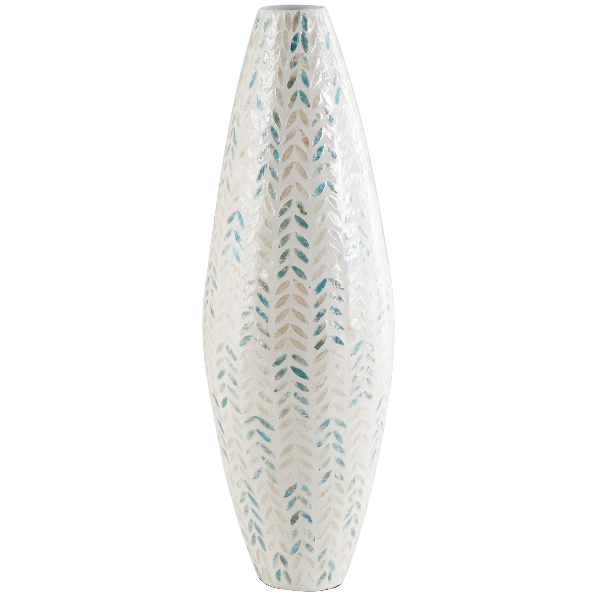 Leaf Cream Mother of Pearl Shell Handmade Tall Mosaic Decorative Vase with Blue Accents