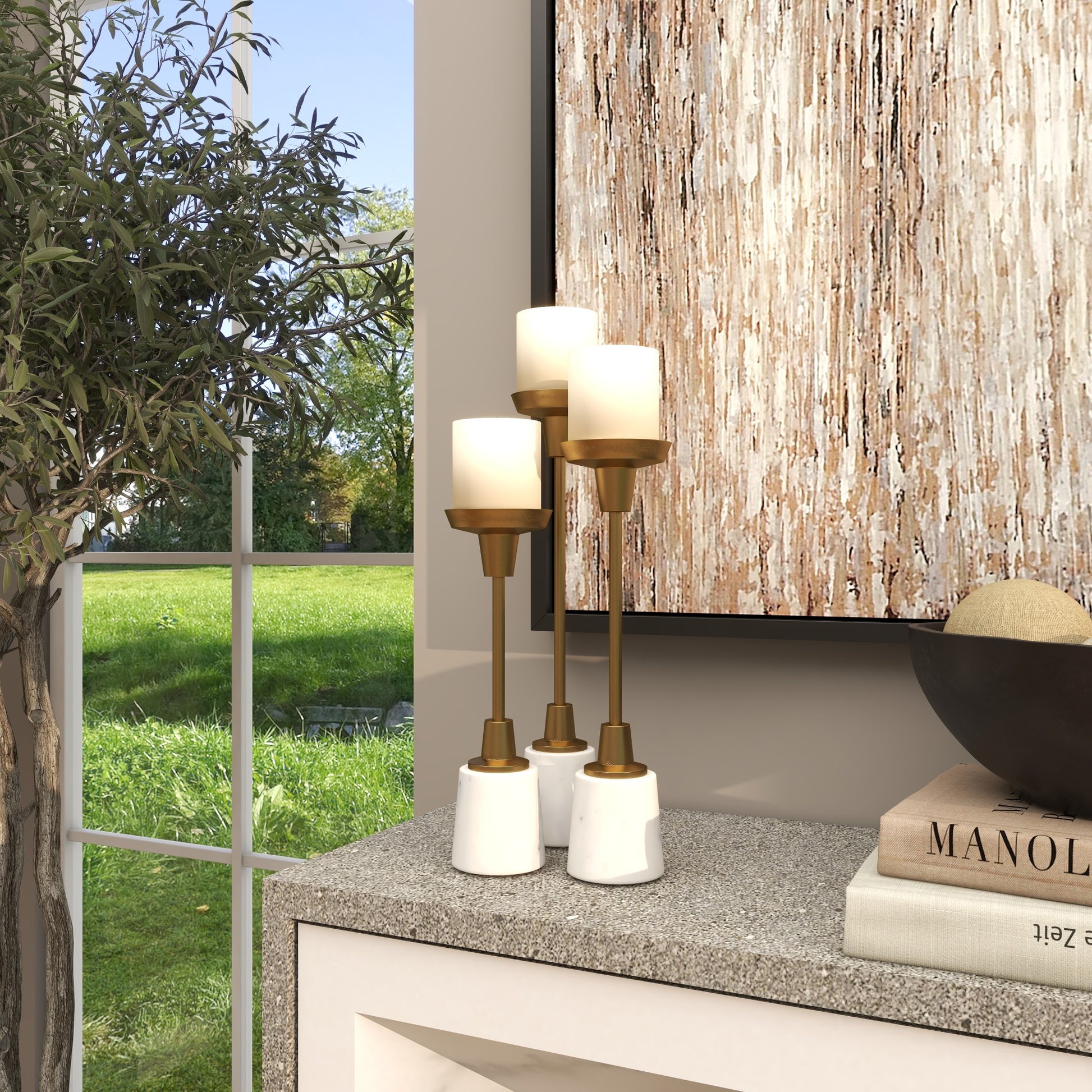 Set of 3 Gold Aluminum Metal Slim Decorative Candle Holder with White Marble Base