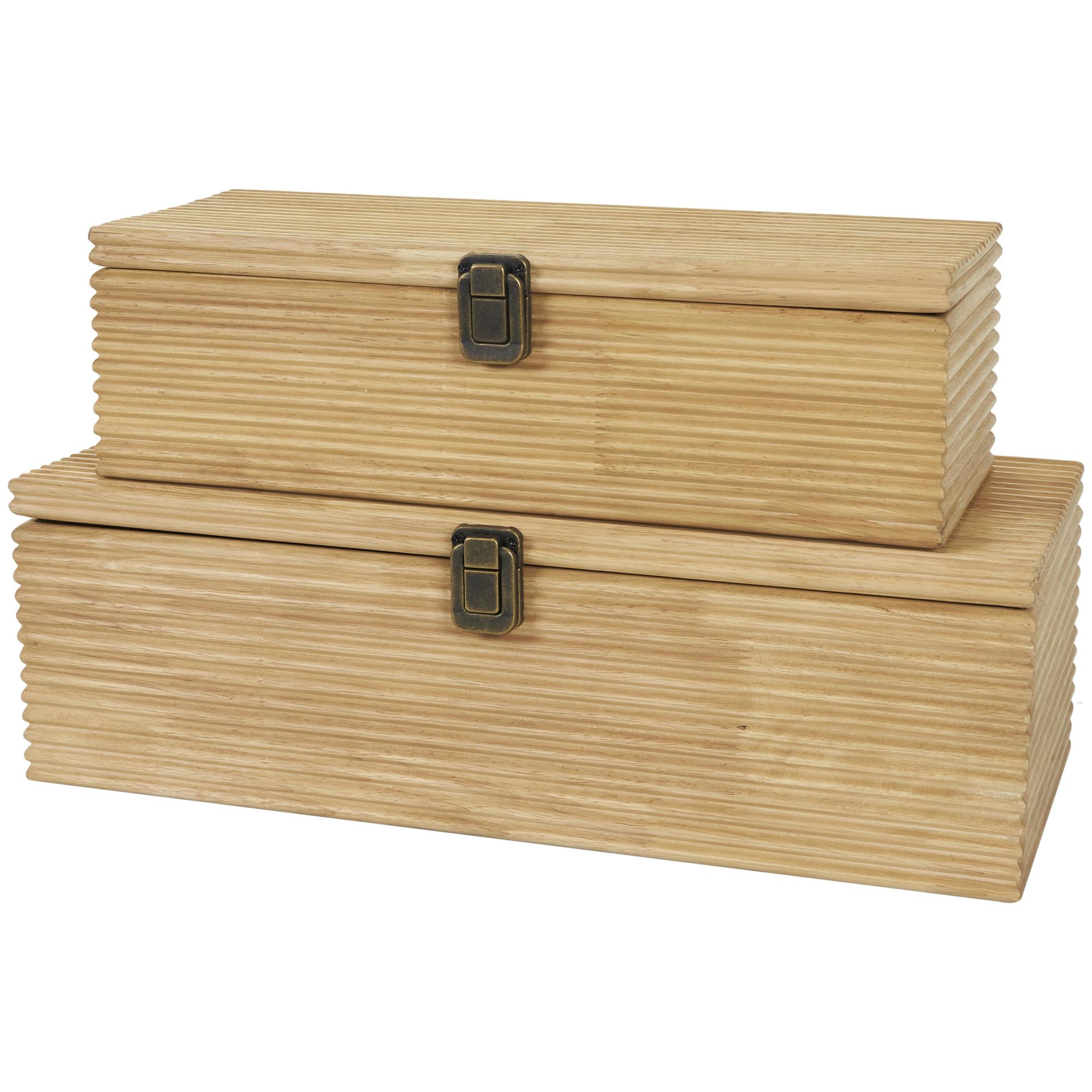 Set of 2 Light Brown Wood Carved Linear Decorative Box
