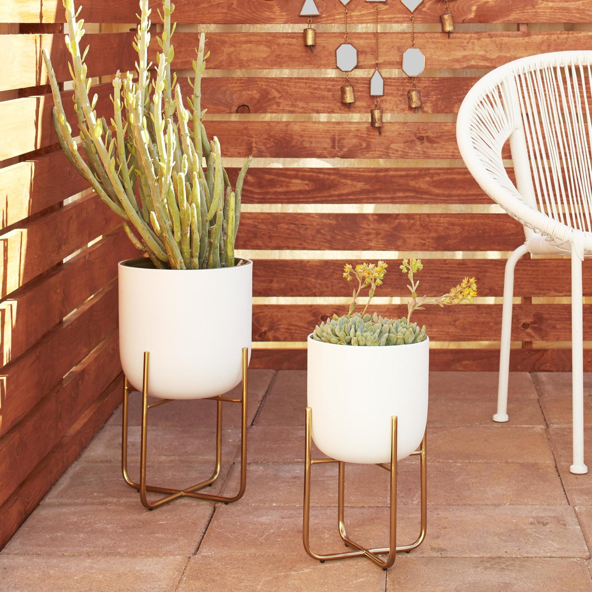 Set of 2 Metal Brushed Dome Indoor Outdoor Planter with Curved X-Shaped Stands