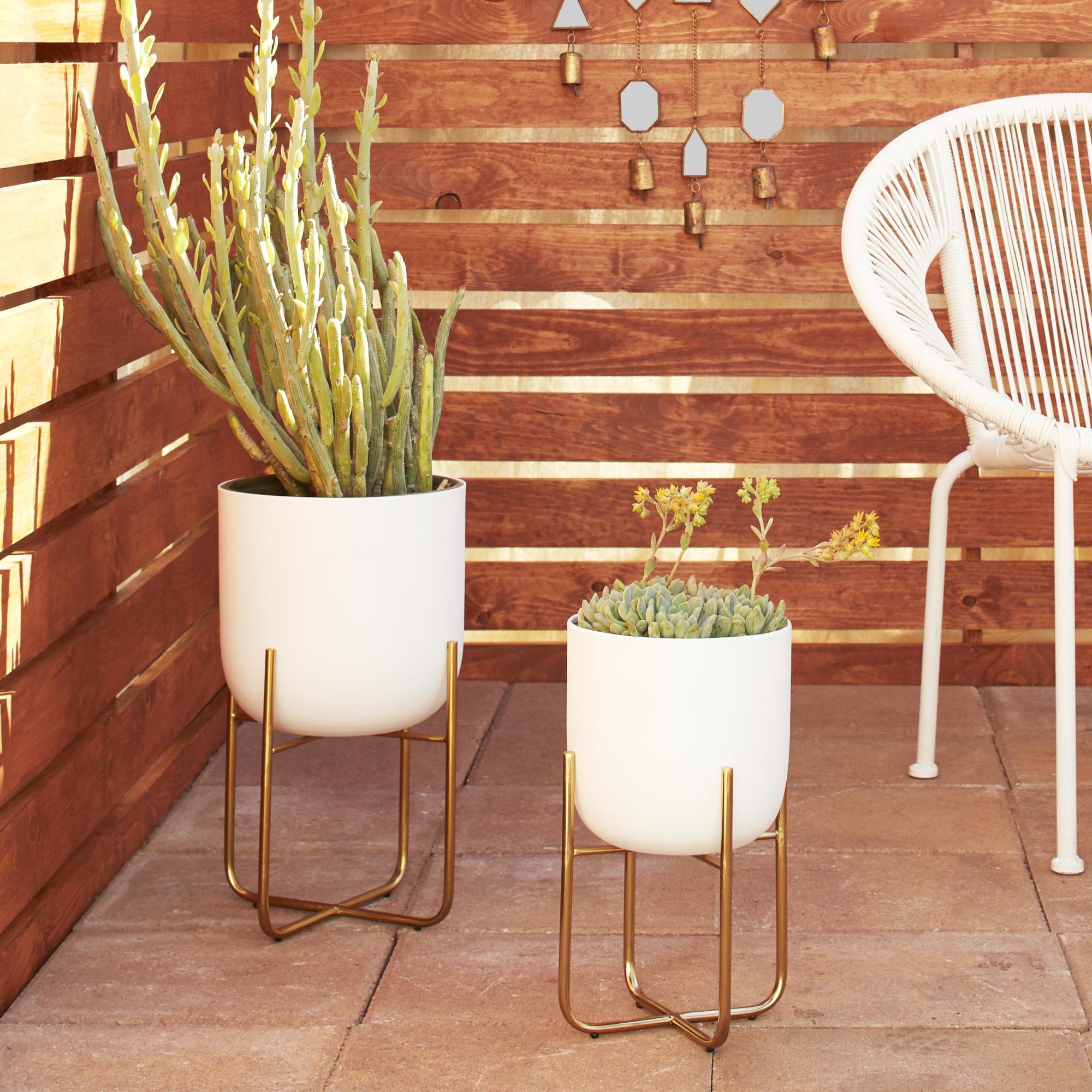 Set of 2 Metal Brushed Dome Indoor Outdoor Planter with Curved X-Shaped Stands