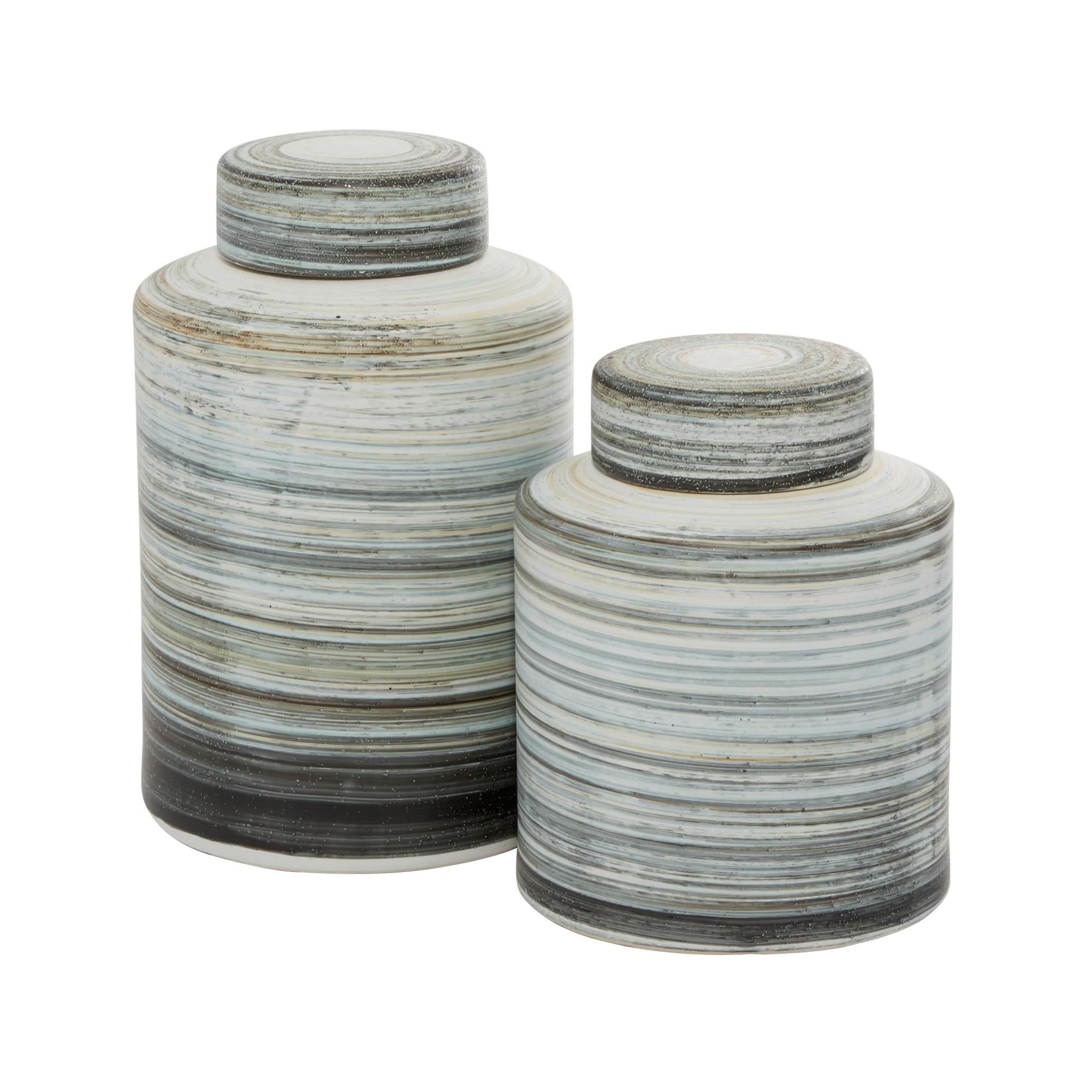 Set of 2 Gray Ceramic Striped Living Room Decorative Jars