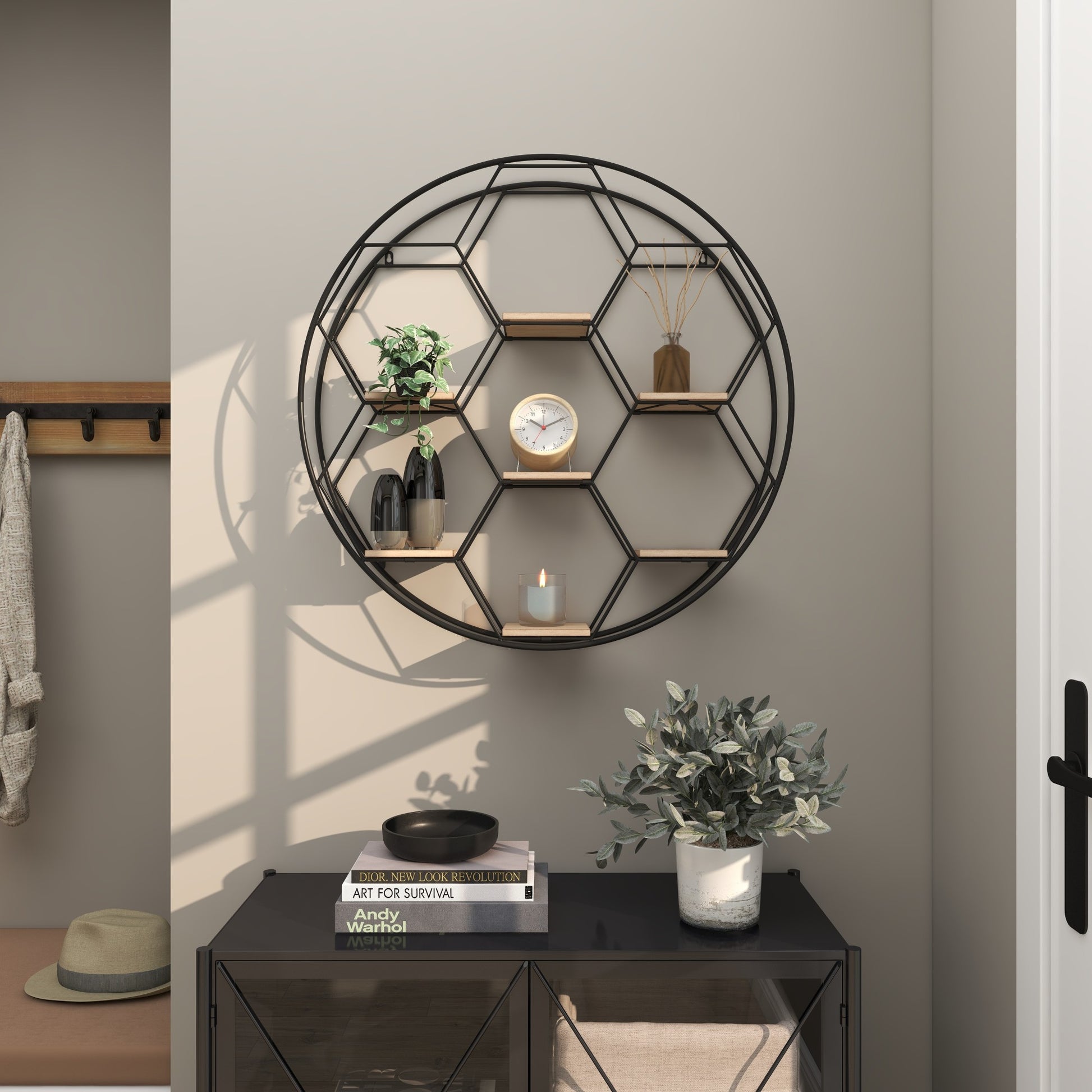Geometric Black Metal Round 7 Shelves Room Wall Shelf