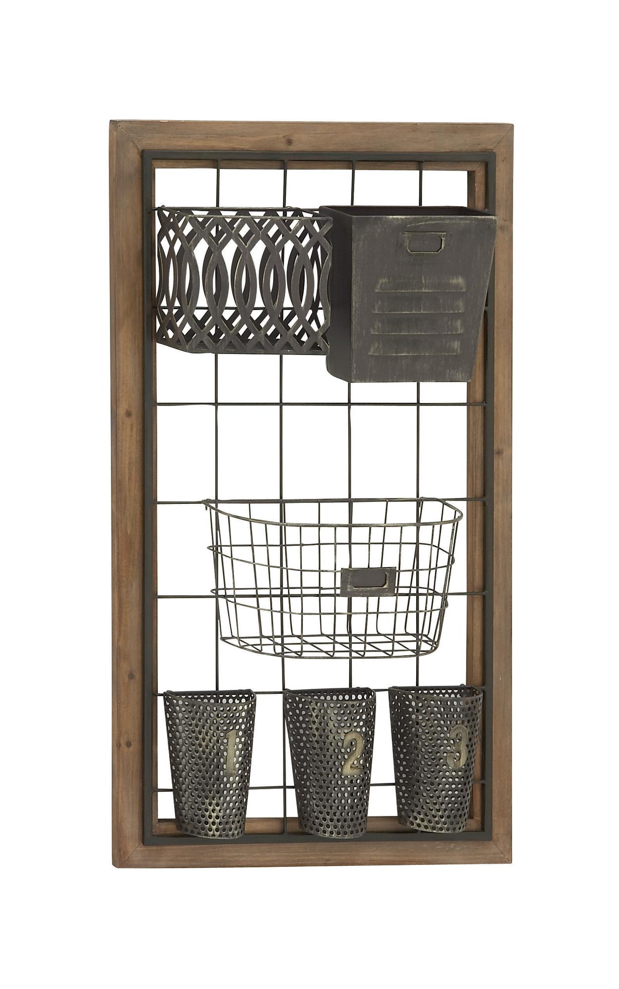Brown Metal 1 Slot and 5 Baskets Decorative Magazine Rack Holder with Suspended Baskets and Label Slot