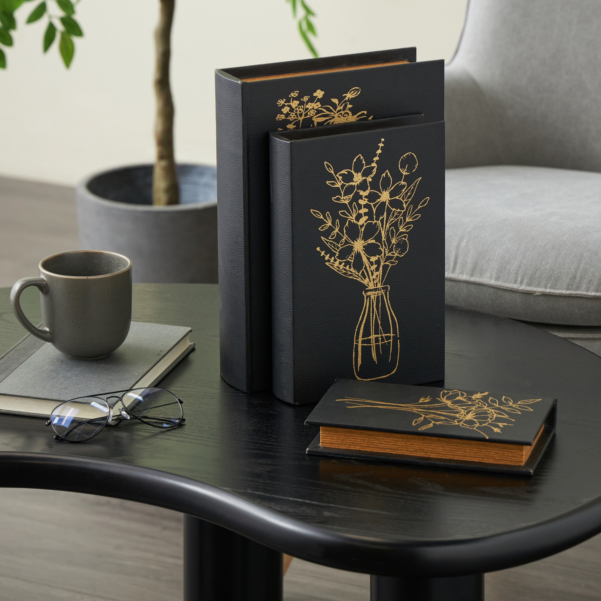 Set of 3 Floral Black Faux Leather Outline Faux Book Storage Decorative Box with Metallic Gold Accents
