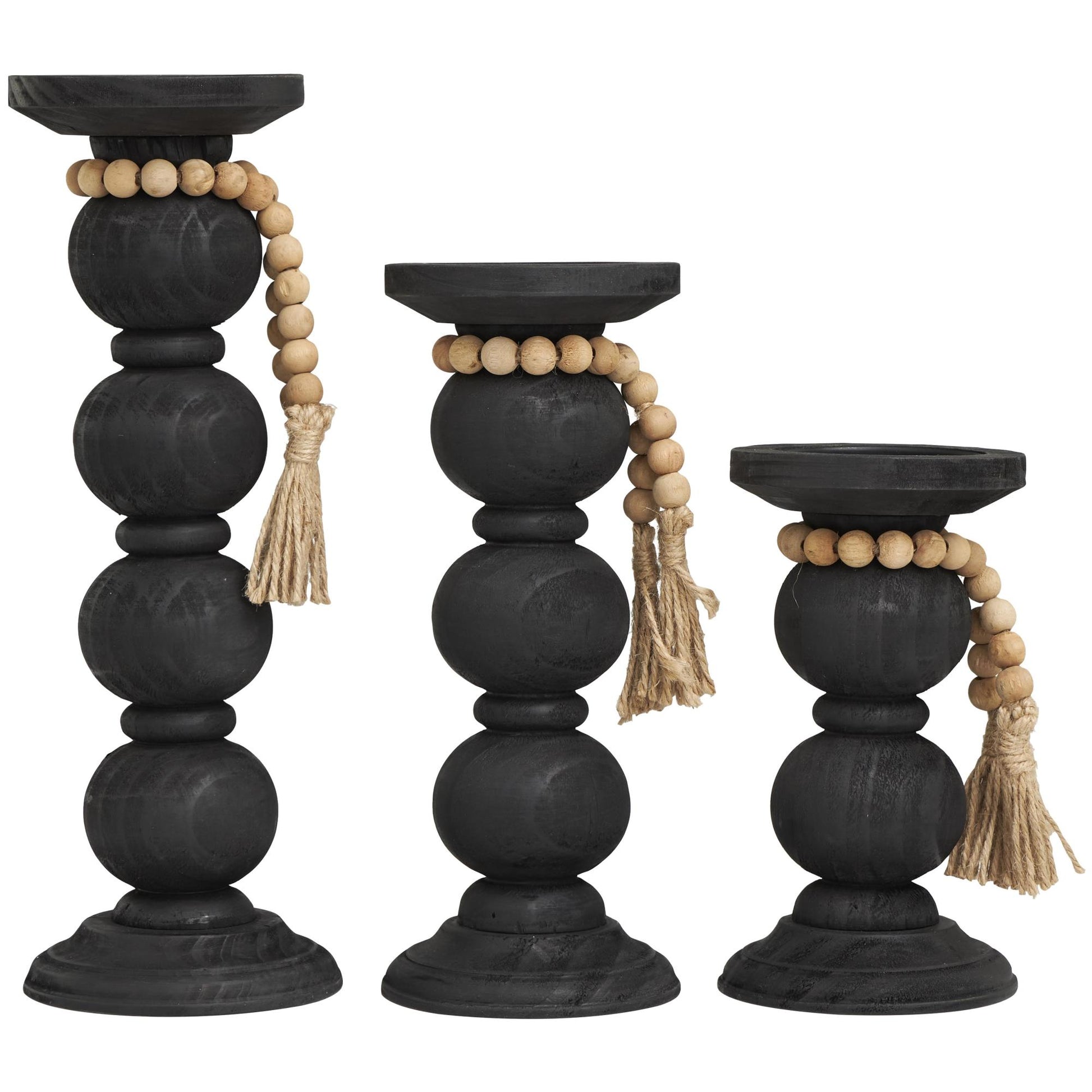 Set of 3 Black Wood Handmade Bubble Inspired Matte Decorative Candle Holder with Beaded Garland Accent